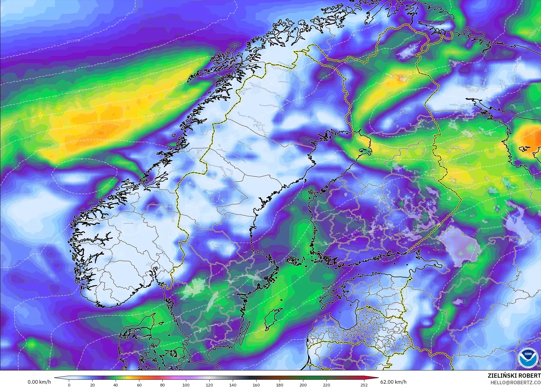 GFS modelo - Escandinavia, Ráfagas de Viento Máximas