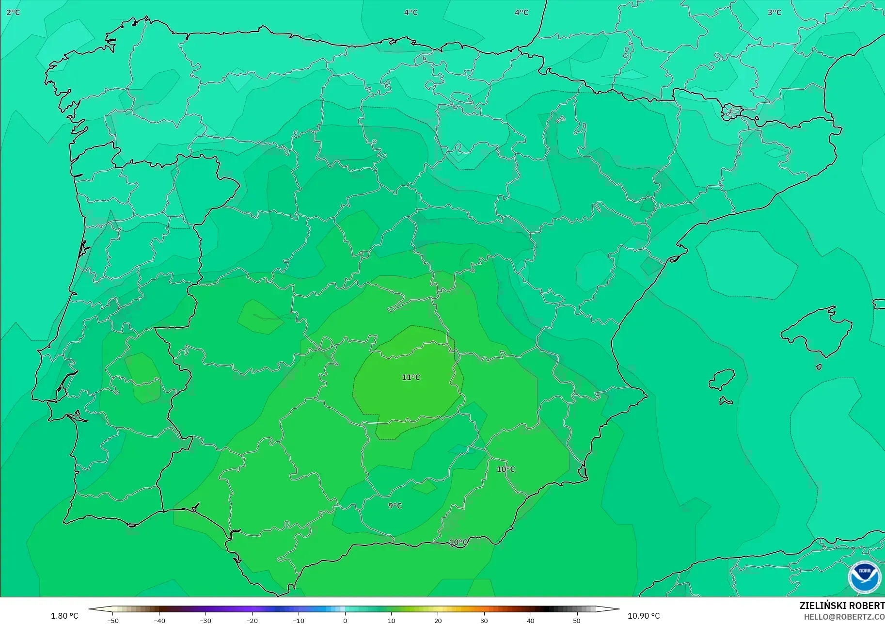 GFS modelo - España, Temperatura a 850 hPa