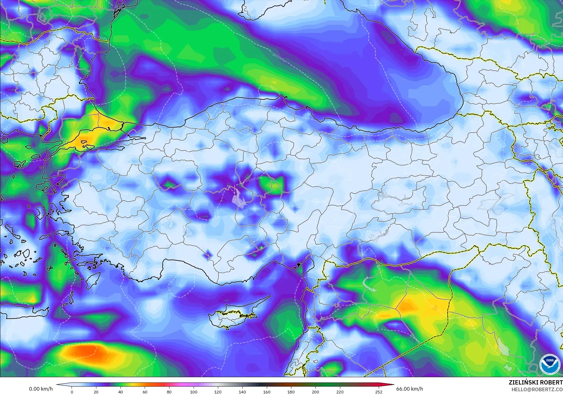 GFS modelo - Turquía, Ráfagas de Viento Máximas
