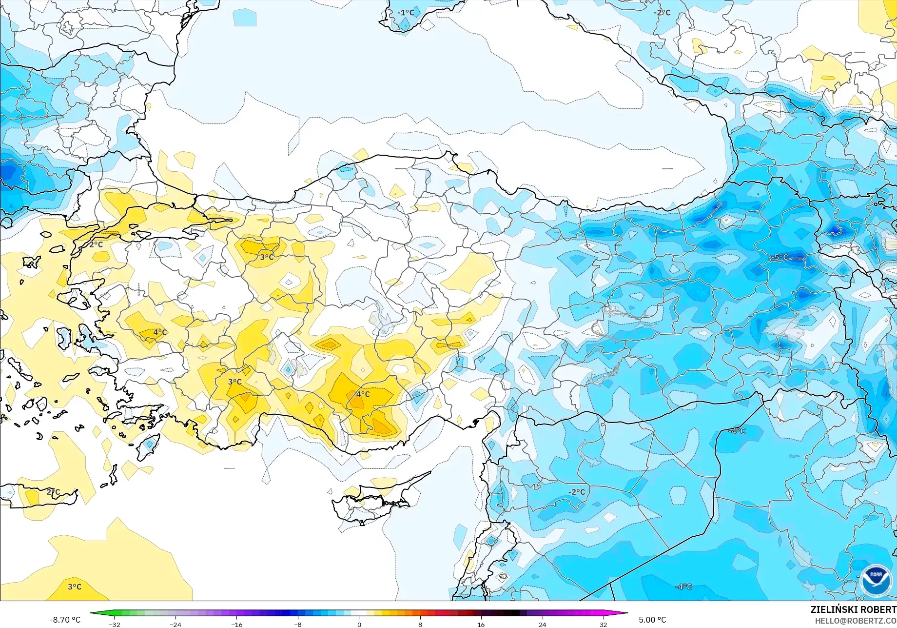 GFS modelo - Turquía, Anomalía de temperatura a 2 m