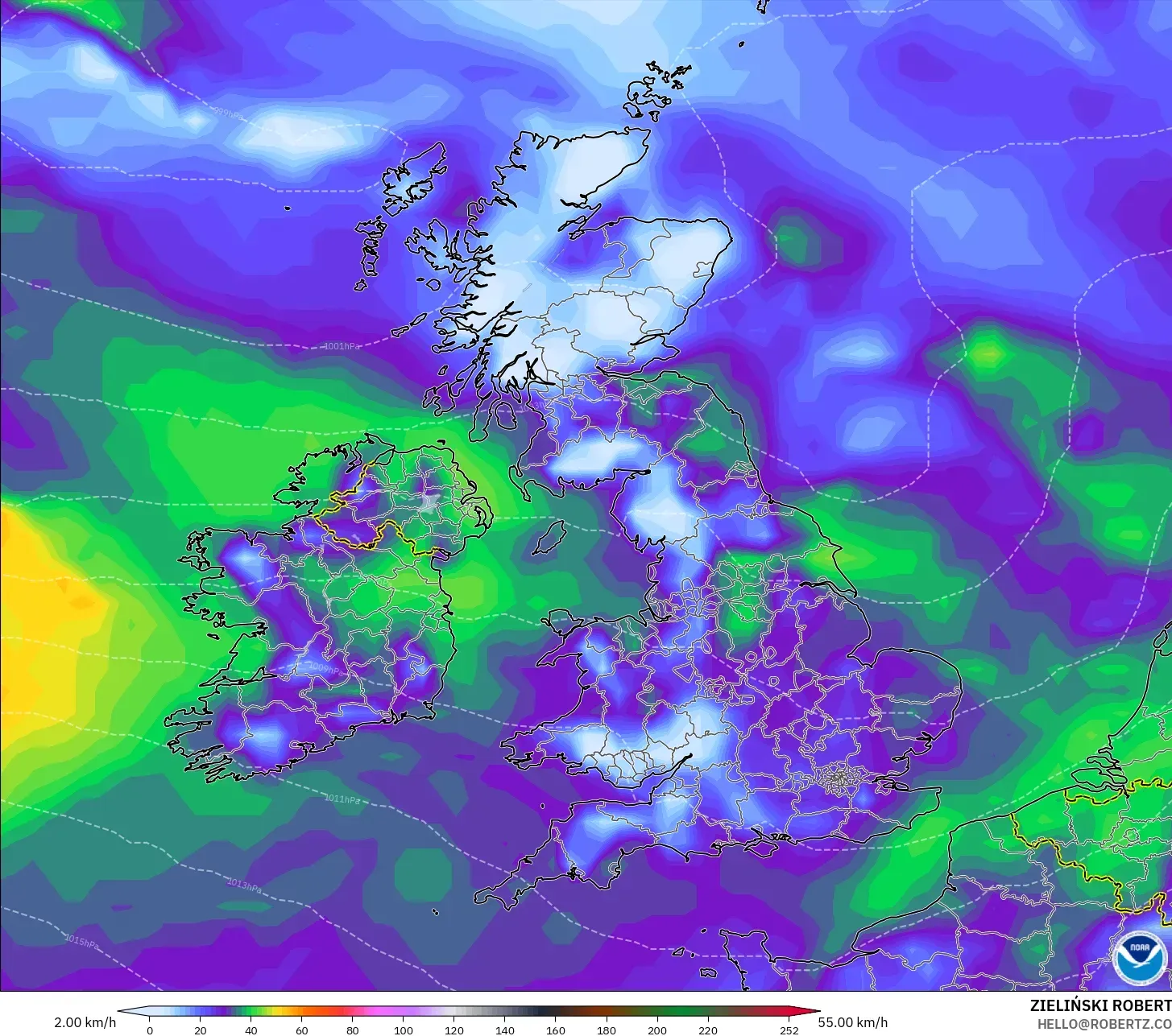 GFS modelo - Reino Unido, Ráfagas de Viento Máximas