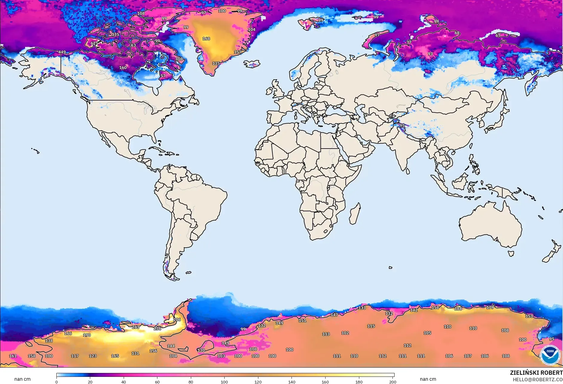 GFS modelo - Mundo, Profundidad de nieve