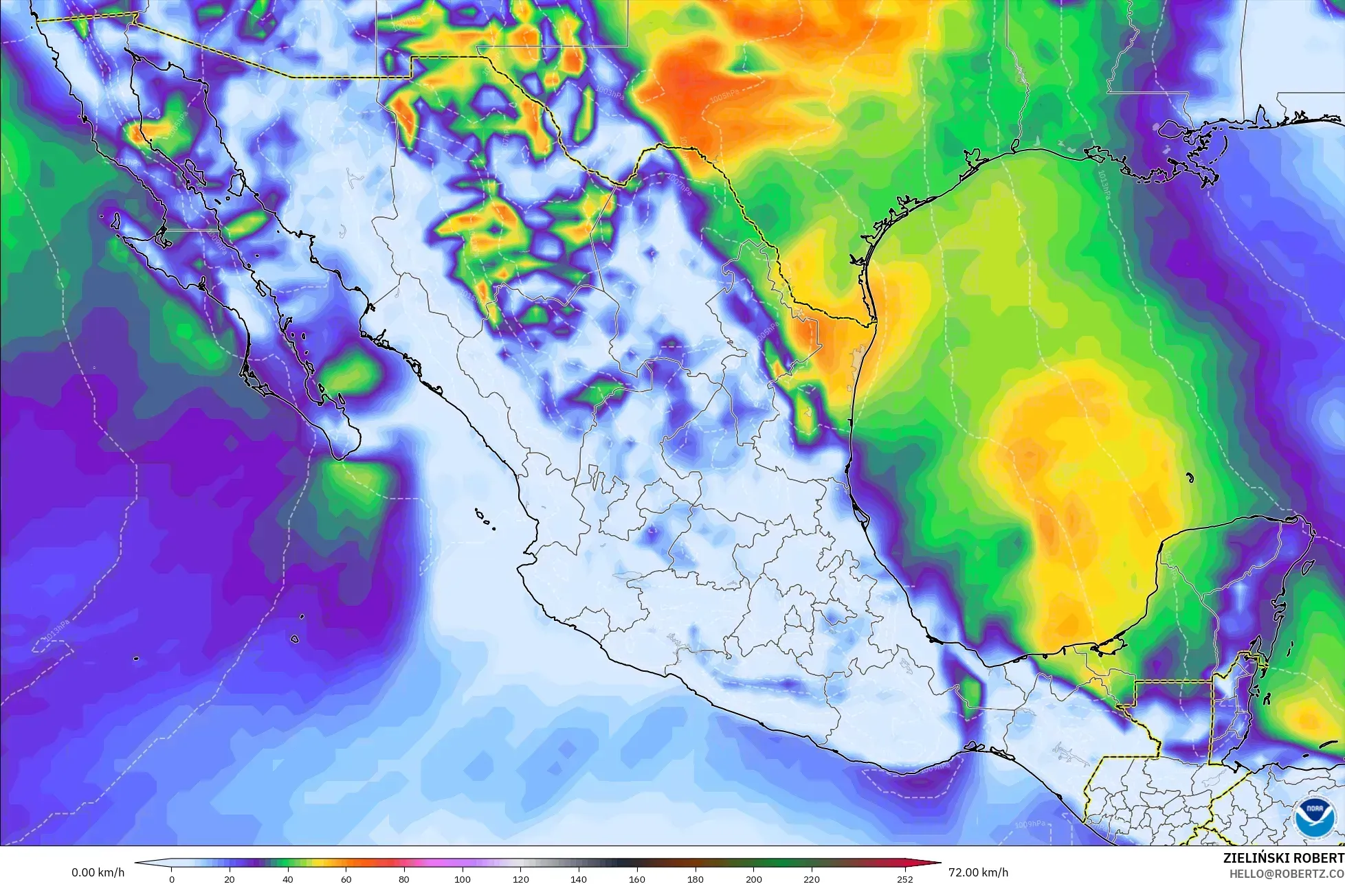 GFS modelo - México, Ráfagas de Viento Máximas