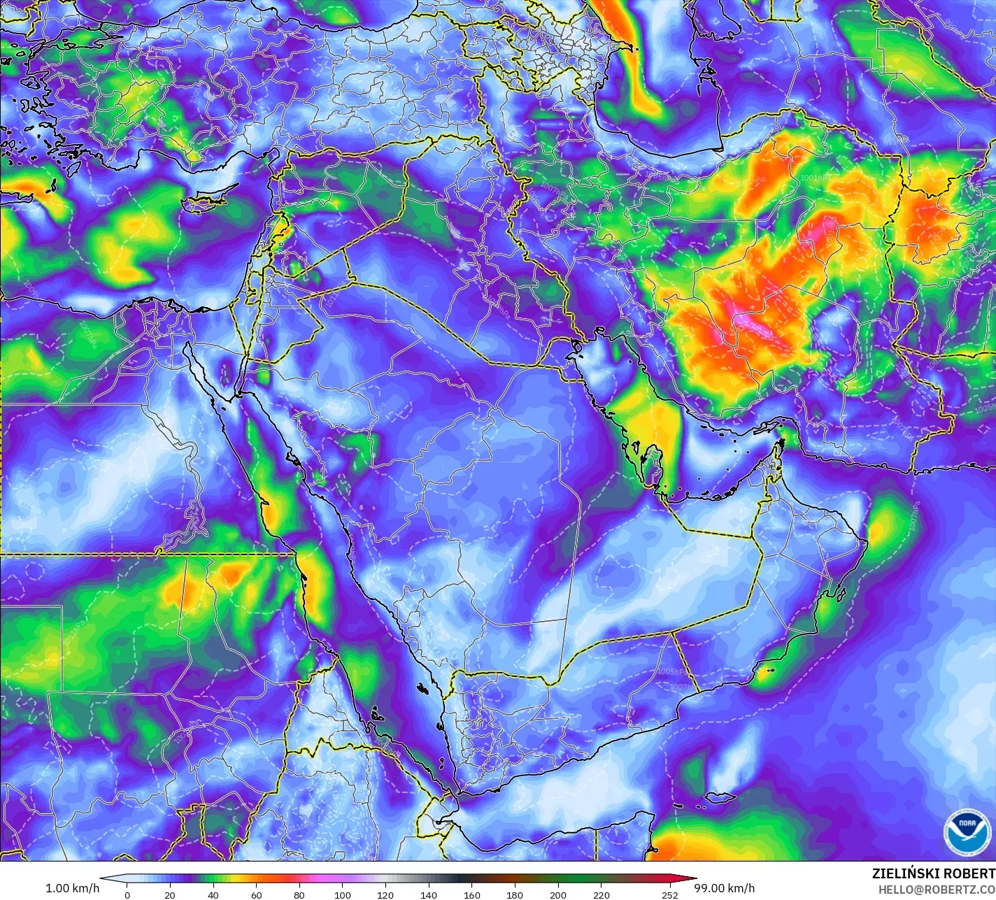 GFS modelo - Oriente Medio, Ráfagas de Viento Máximas