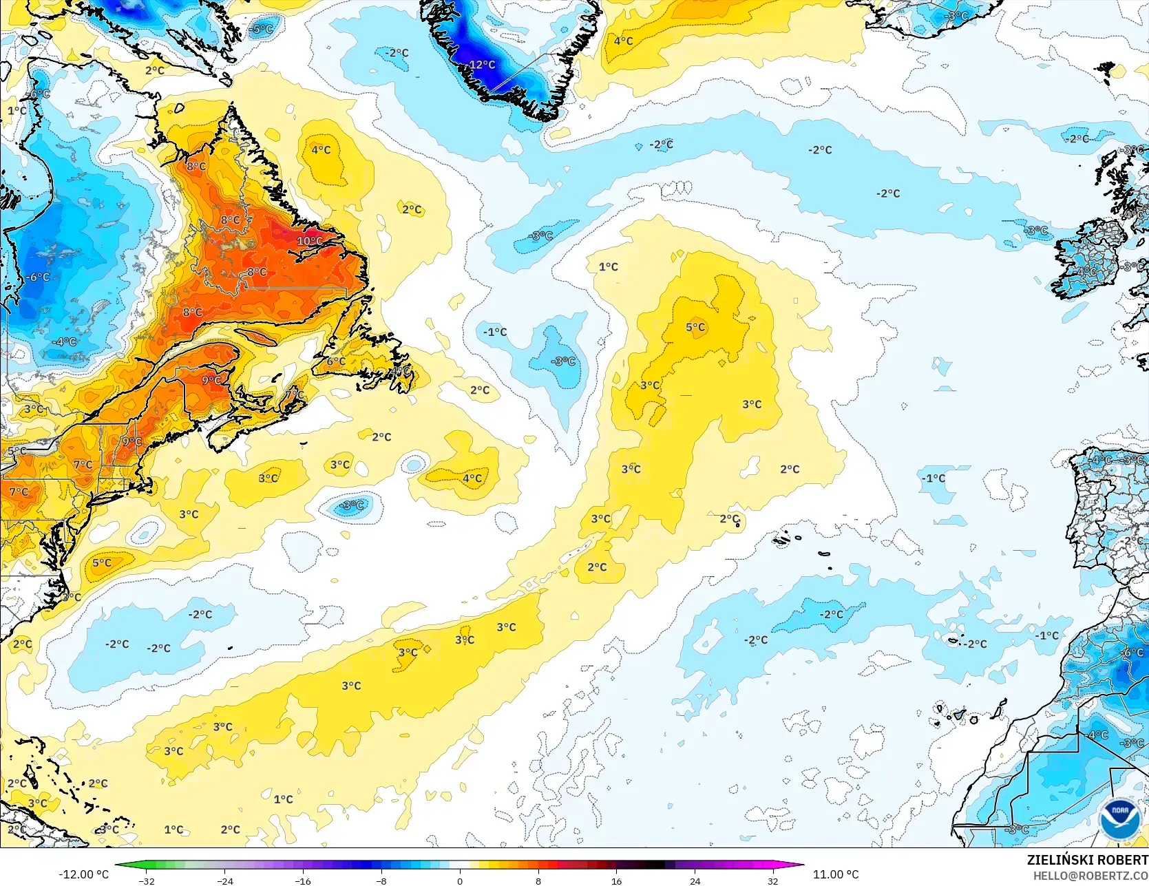 GFS modelo - Norte Atlántico, Anomalía de temperatura a 2 m