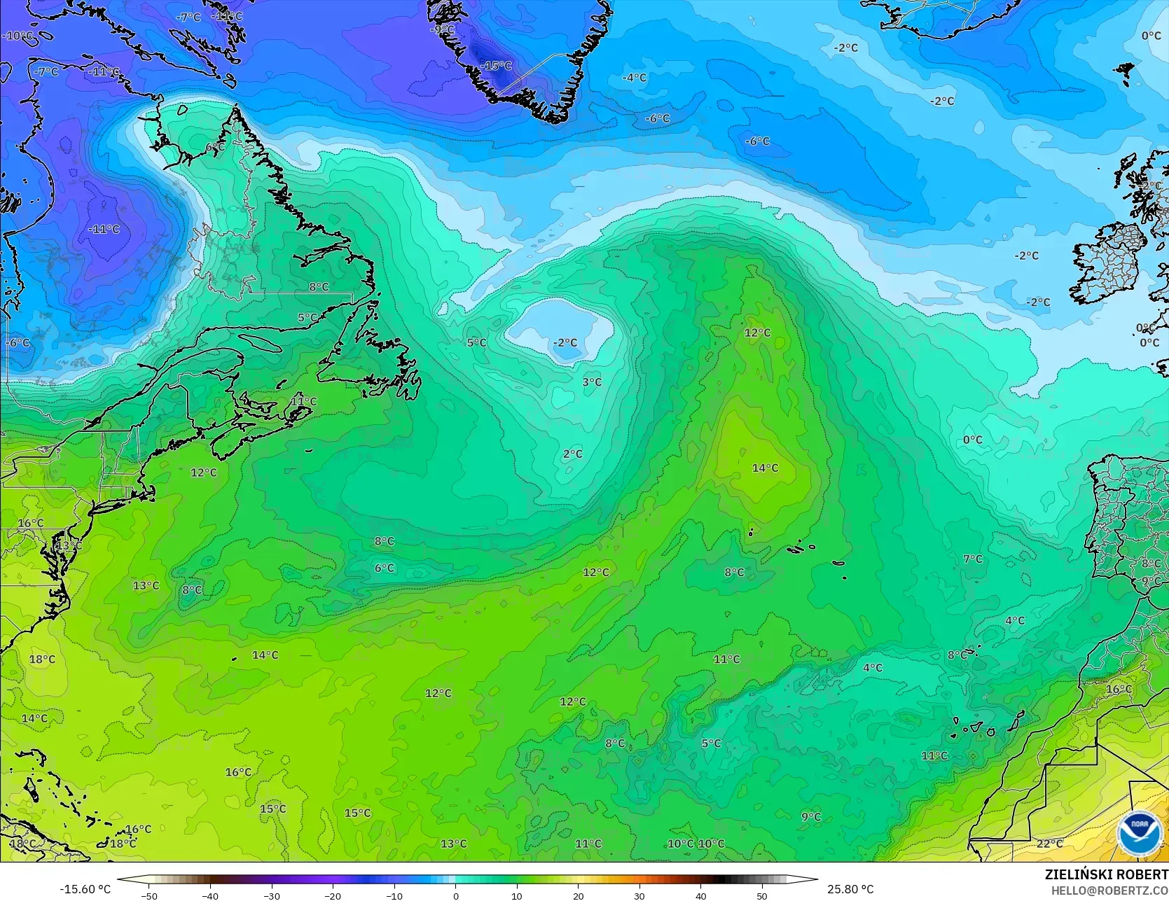 GFS modelo - Norte Atlántico, Temperatura a 850 hPa