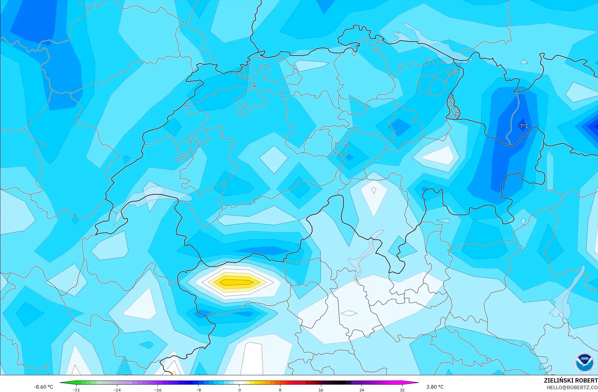 GFS modelo - Suiza, Anomalía de temperatura a 2 m