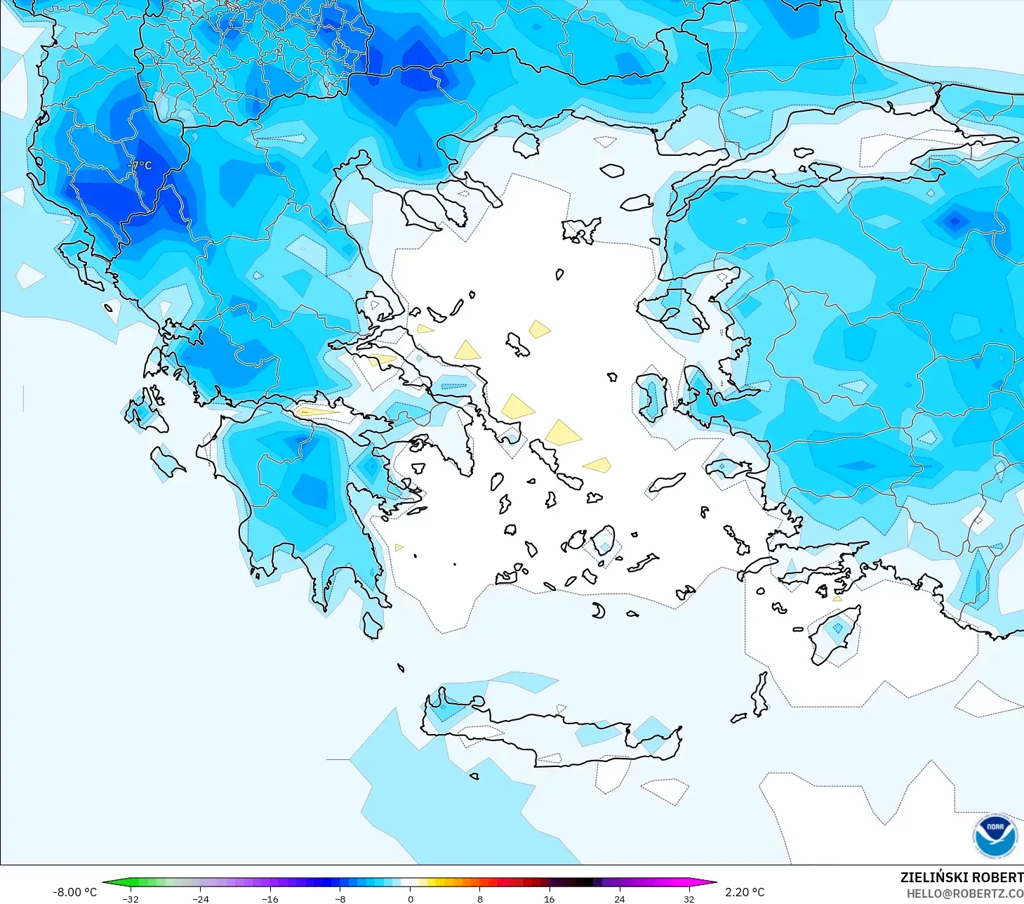 GFS modelo - Grecia, Anomalía de temperatura a 2 m
