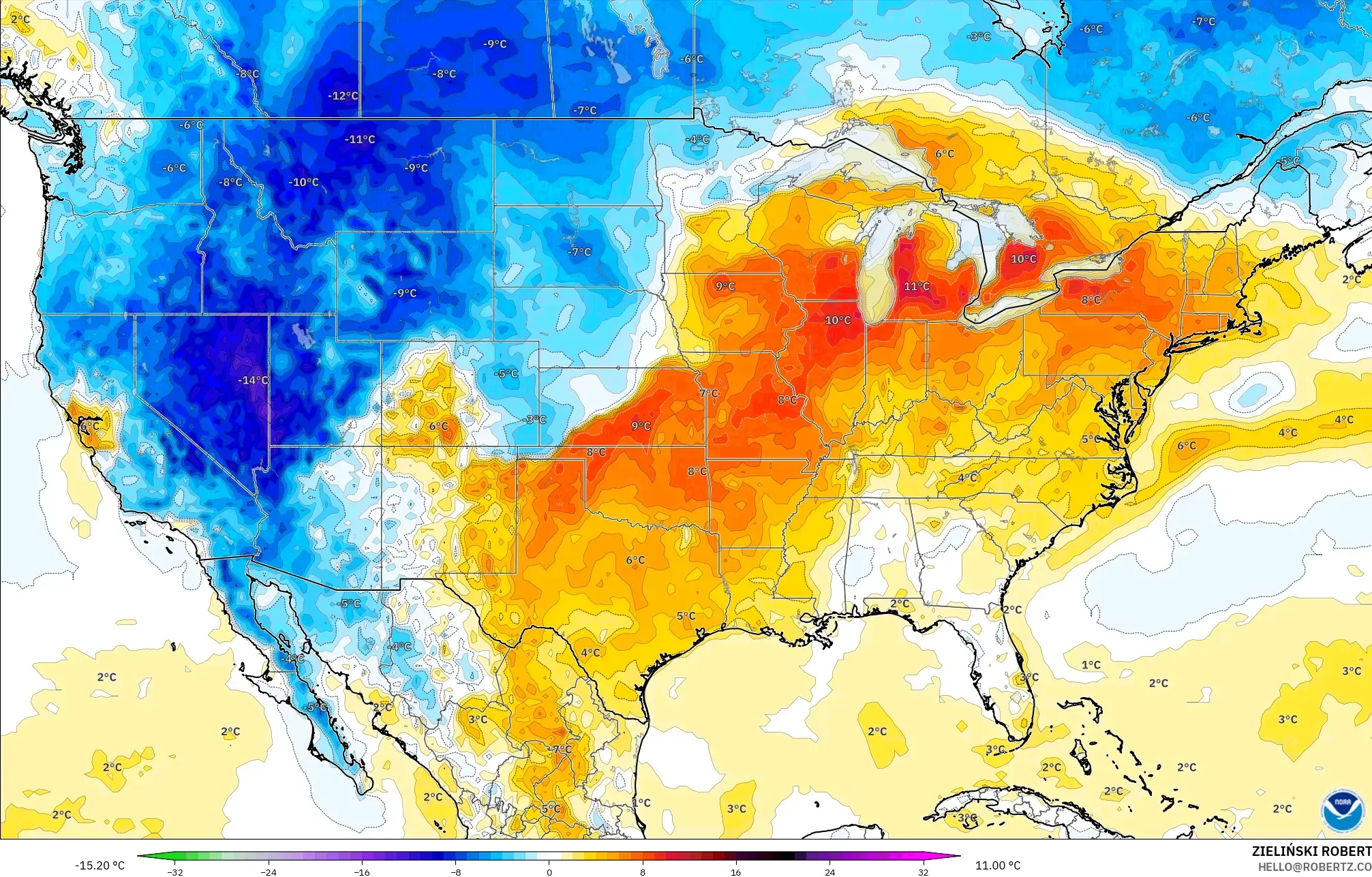 GFS modelo - Estados Unidos, Anomalía de temperatura a 2 m