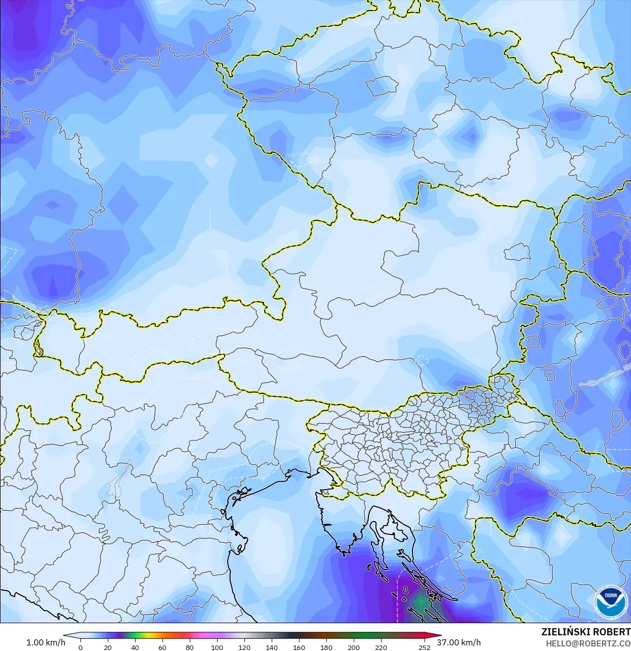 GFS modelo - Austria, Ráfagas de Viento Máximas