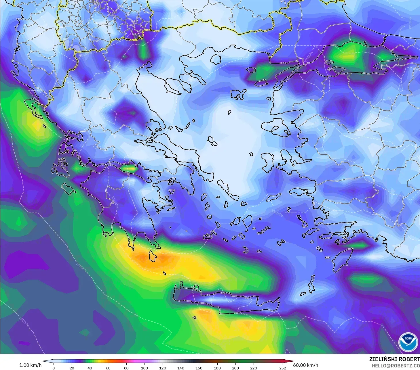 GFS modelo - Grecia, Ráfagas de Viento Máximas