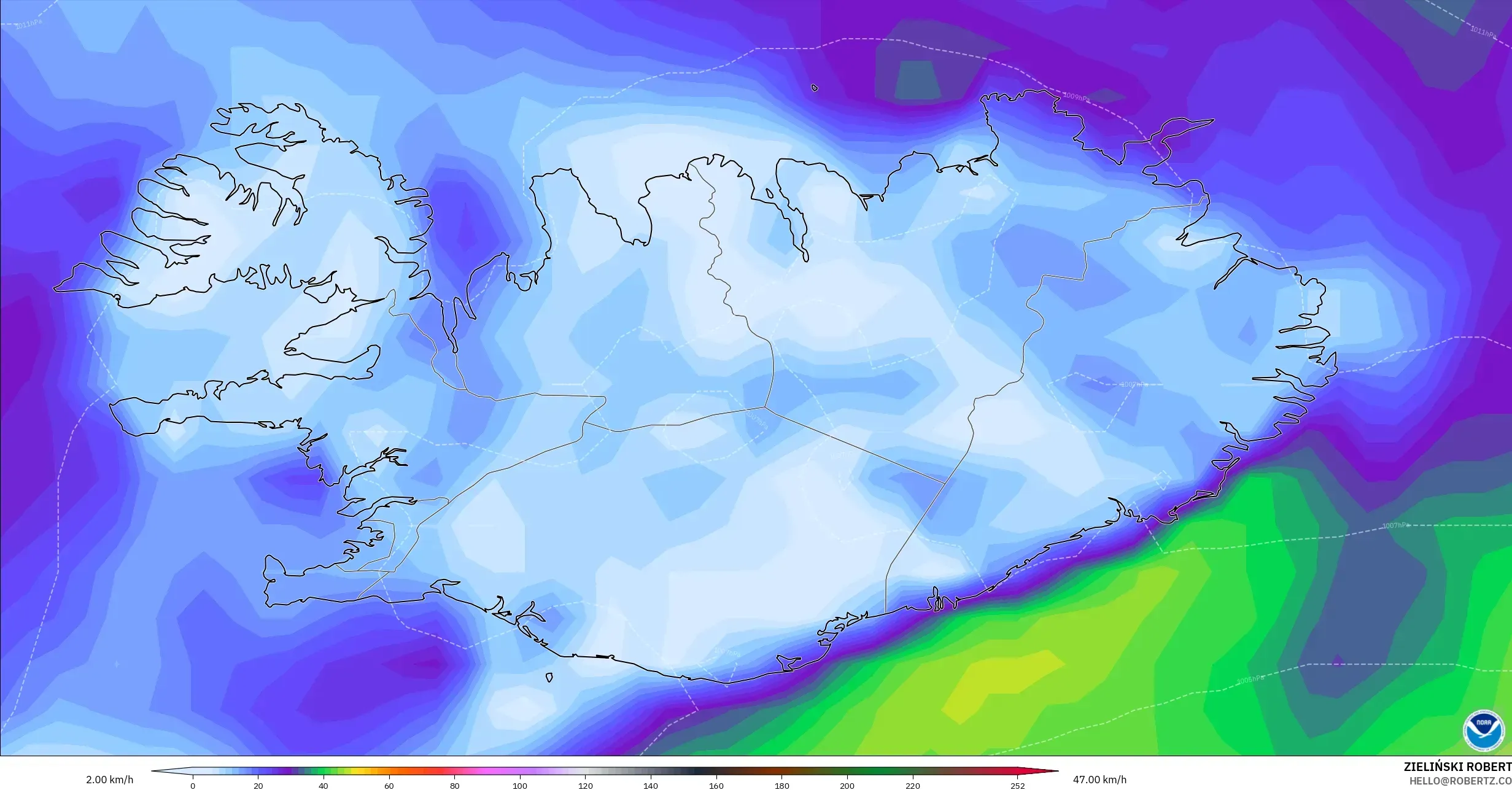 GFS modelo - Islandia, Ráfagas de Viento Máximas