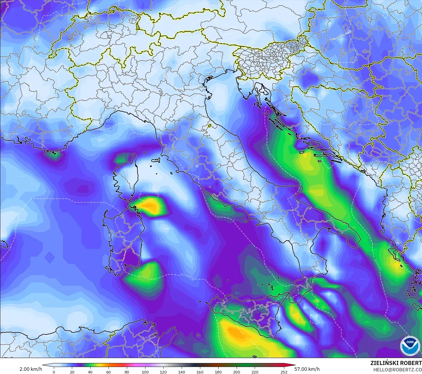 GFS modelo - Italia, Ráfagas de Viento Máximas