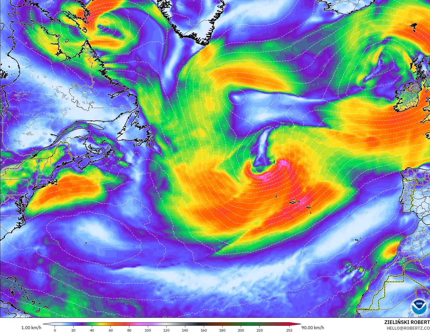GFS modelo - Norte Atlántico, Ráfagas de Viento Máximas