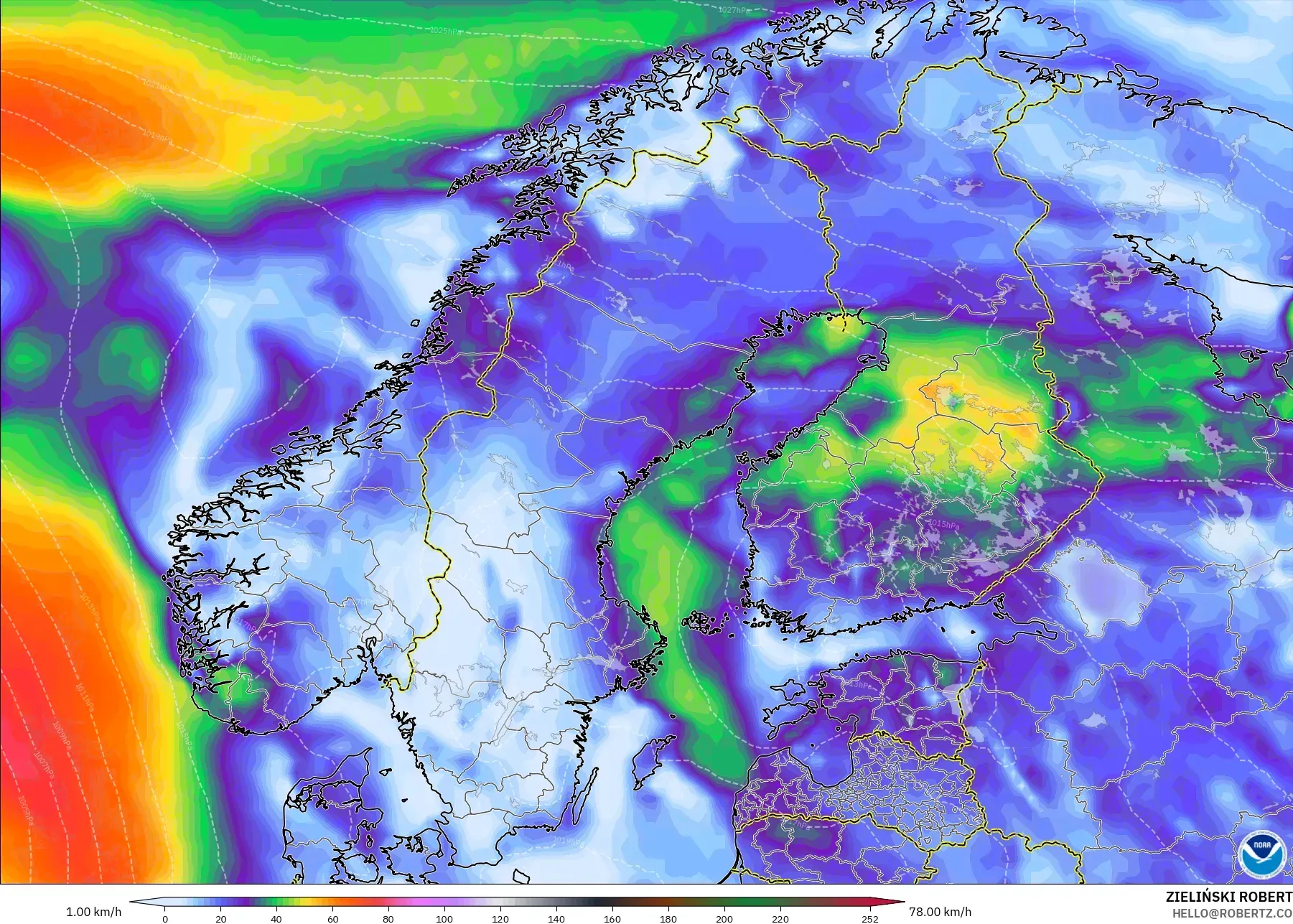 GFS modelo - Escandinavia, Ráfagas de viento