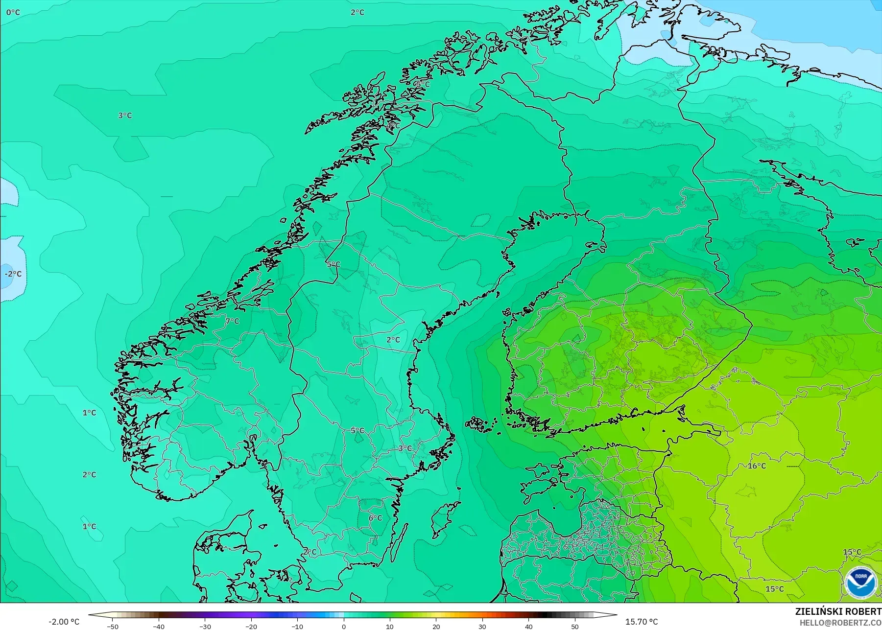 GFS modelo - Escandinavia, Temperatura a 850 hPa