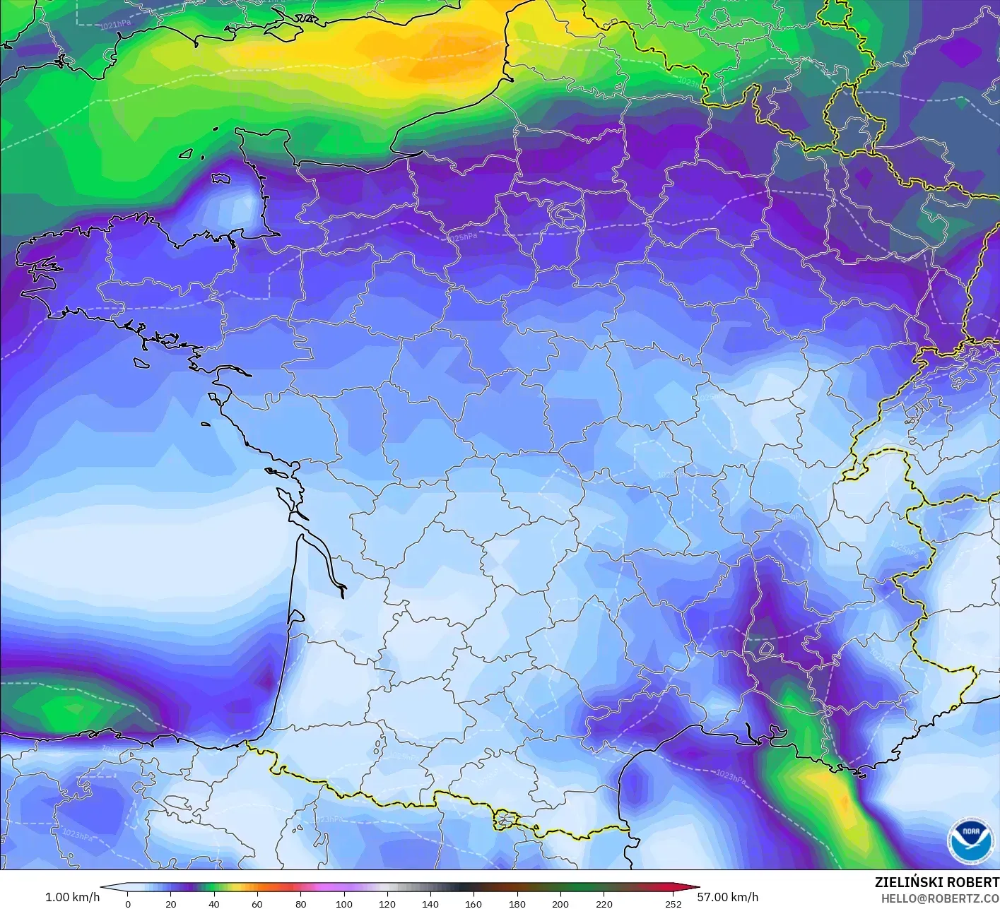 GFS modelo - Francia, Ráfagas de Viento Máximas