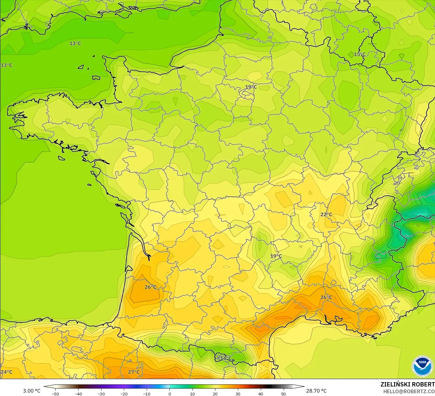 GFS modelo - Francia, Temperatura a 2 m