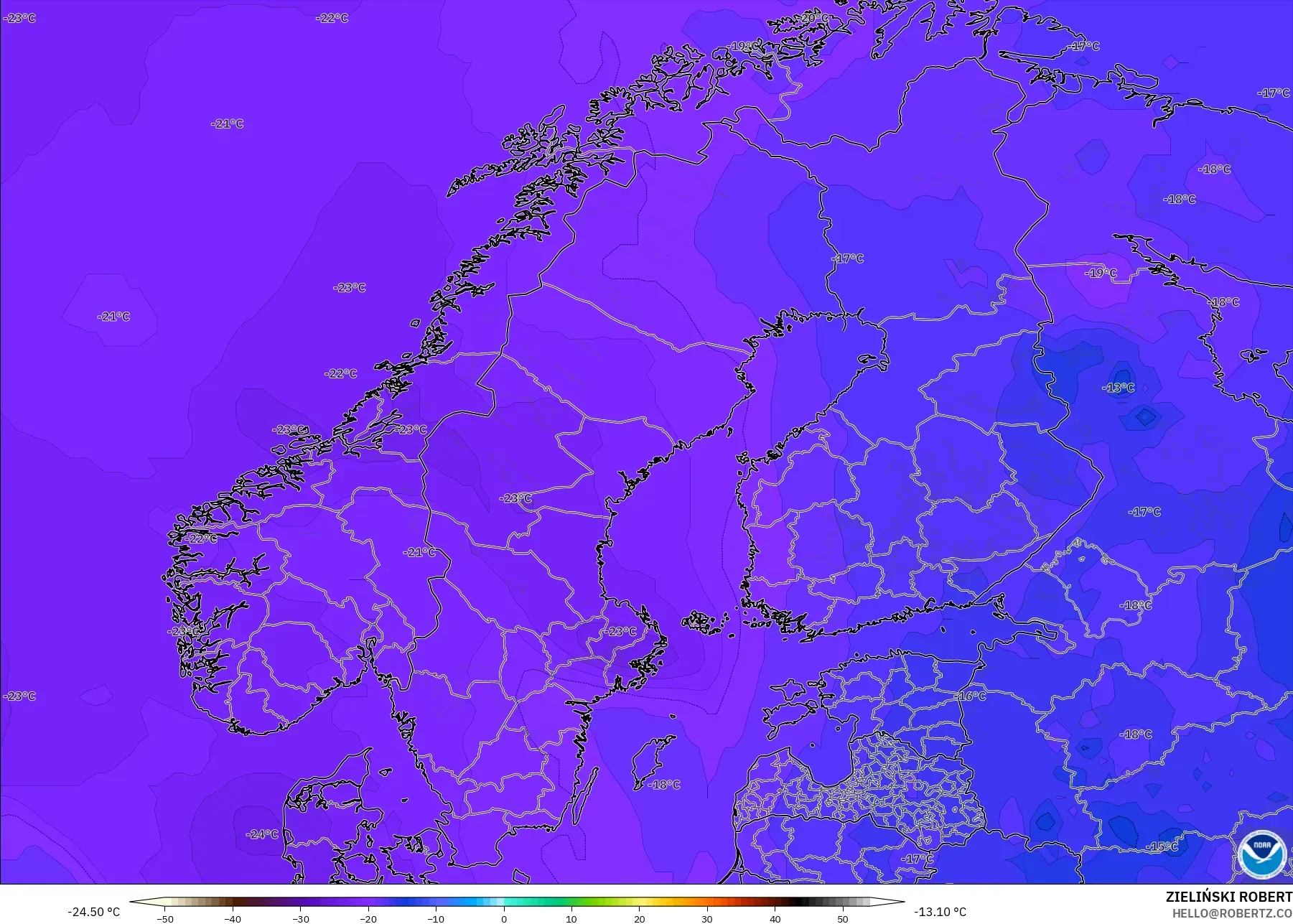 GFS modelo - Escandinavia, Temperatura a 500 hPa