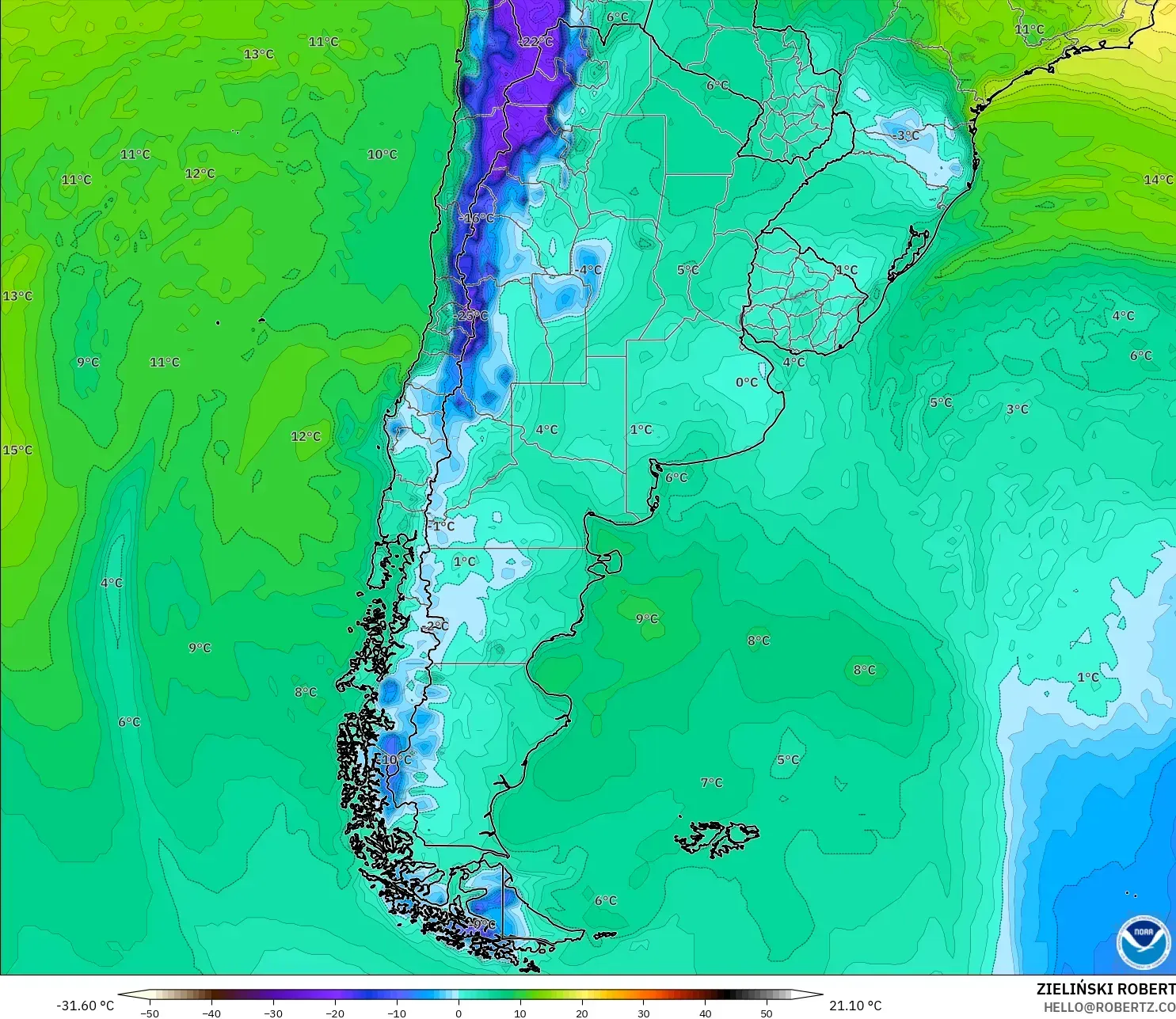 GFS modelo - Argentina, Punto de rocío a 2 m