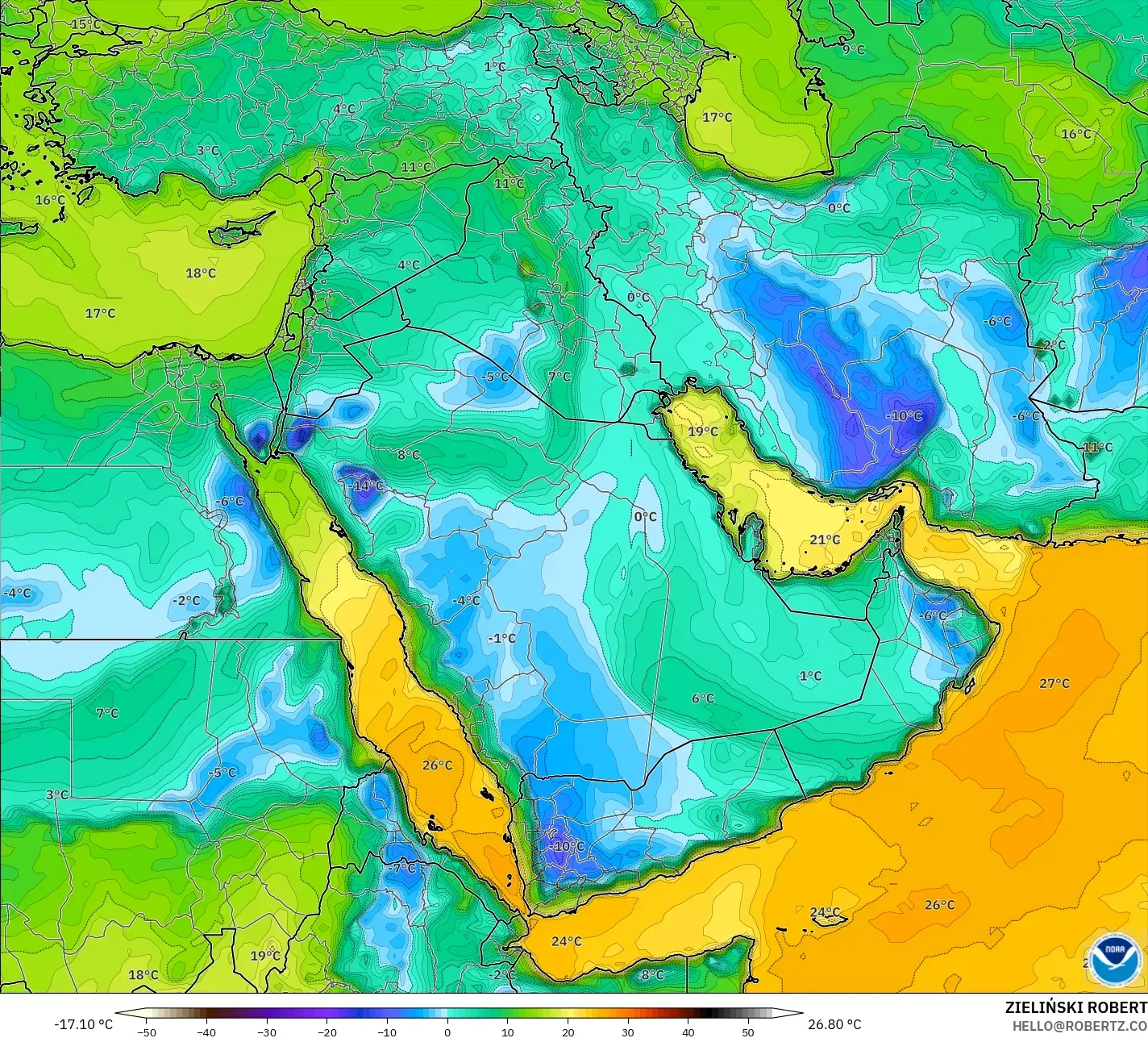 GFS modelo - Oriente Medio, Punto de rocío a 2 m