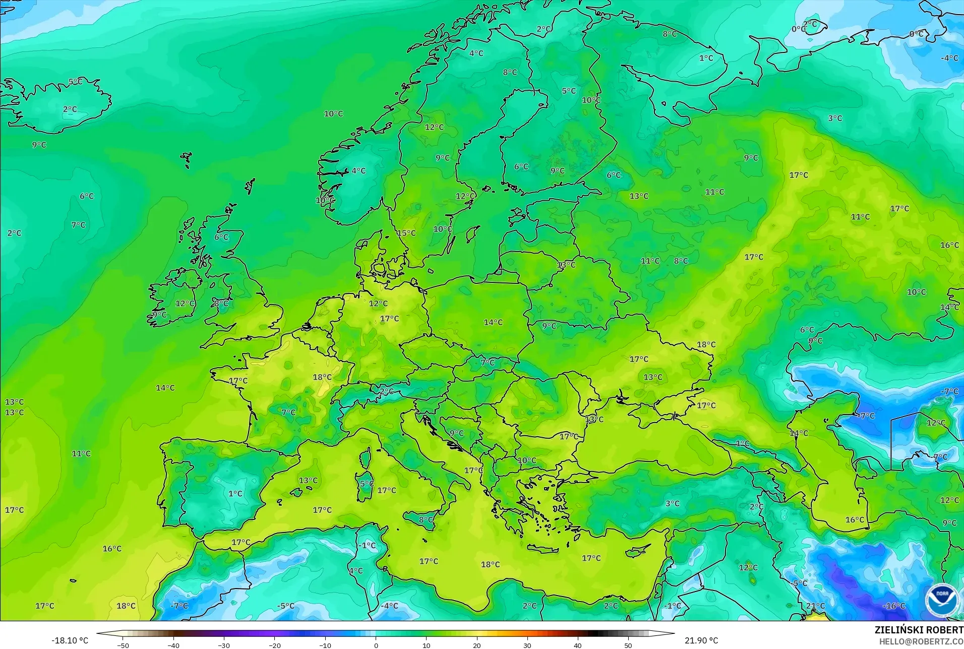 GFS modelo - Europa, Punto de rocío a 2 m