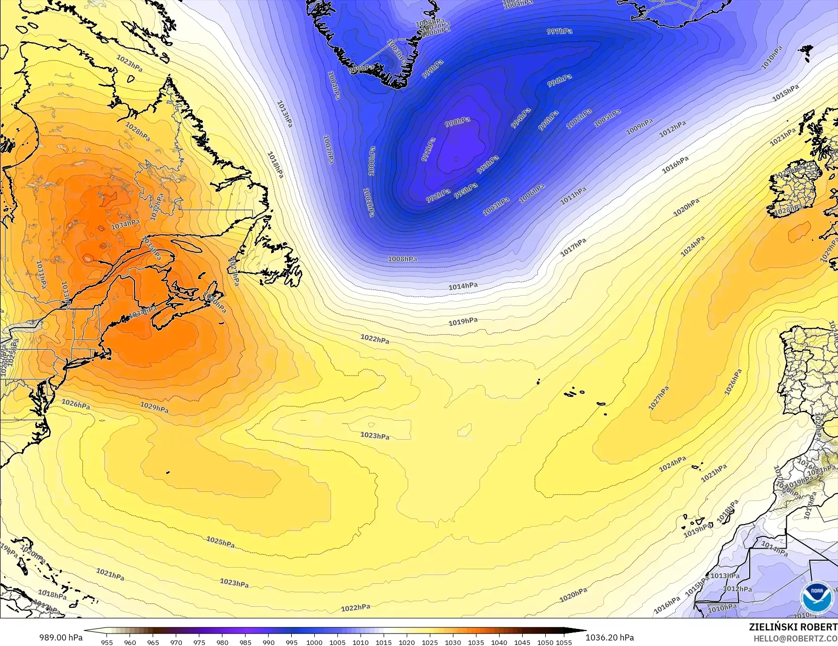 GFS modelo - Norte Atlántico, Presión