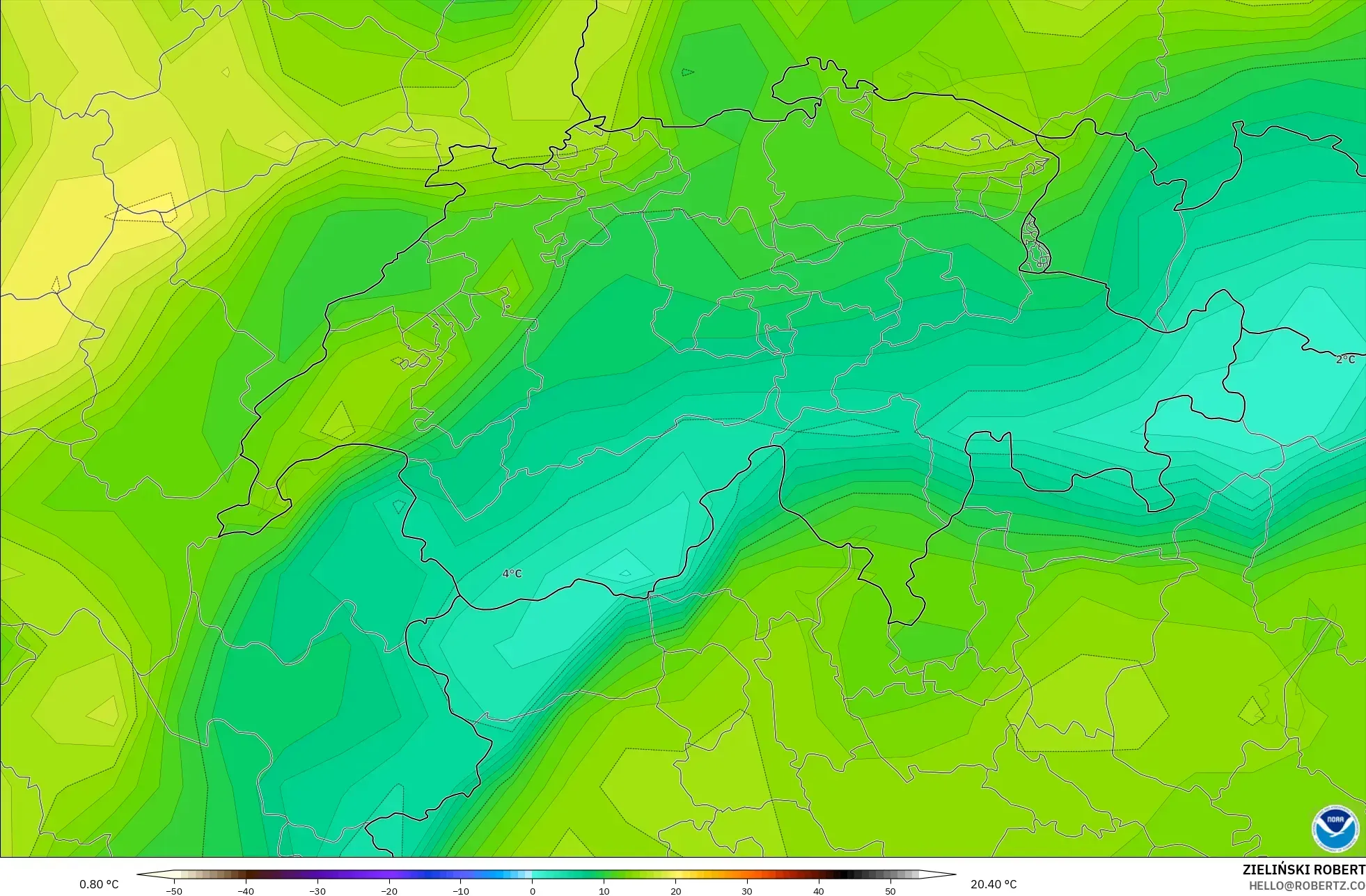 GFS modelo - Suiza, Punto de rocío a 2 m