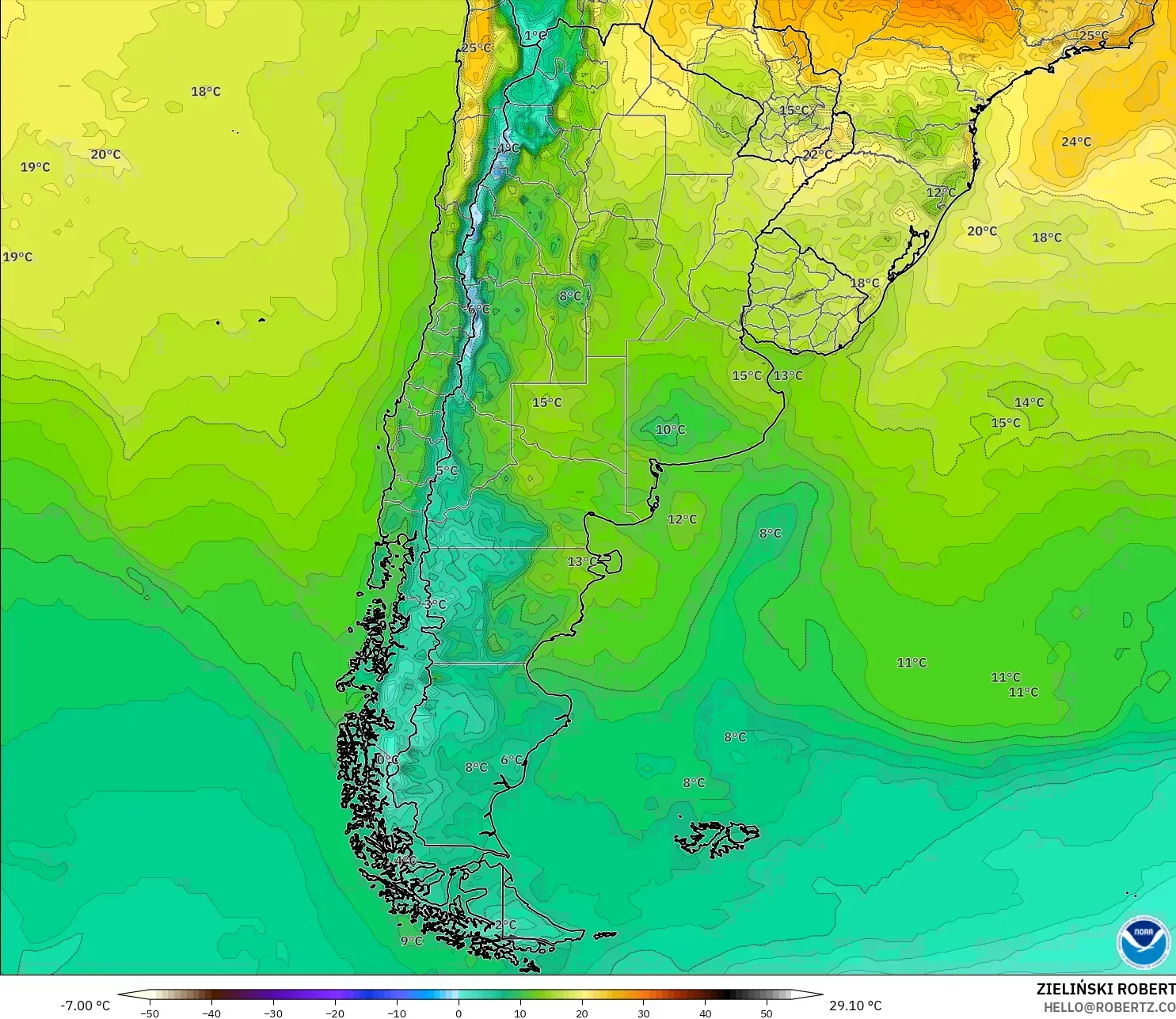 GFS modelo - Argentina, Temperatura a 2 m