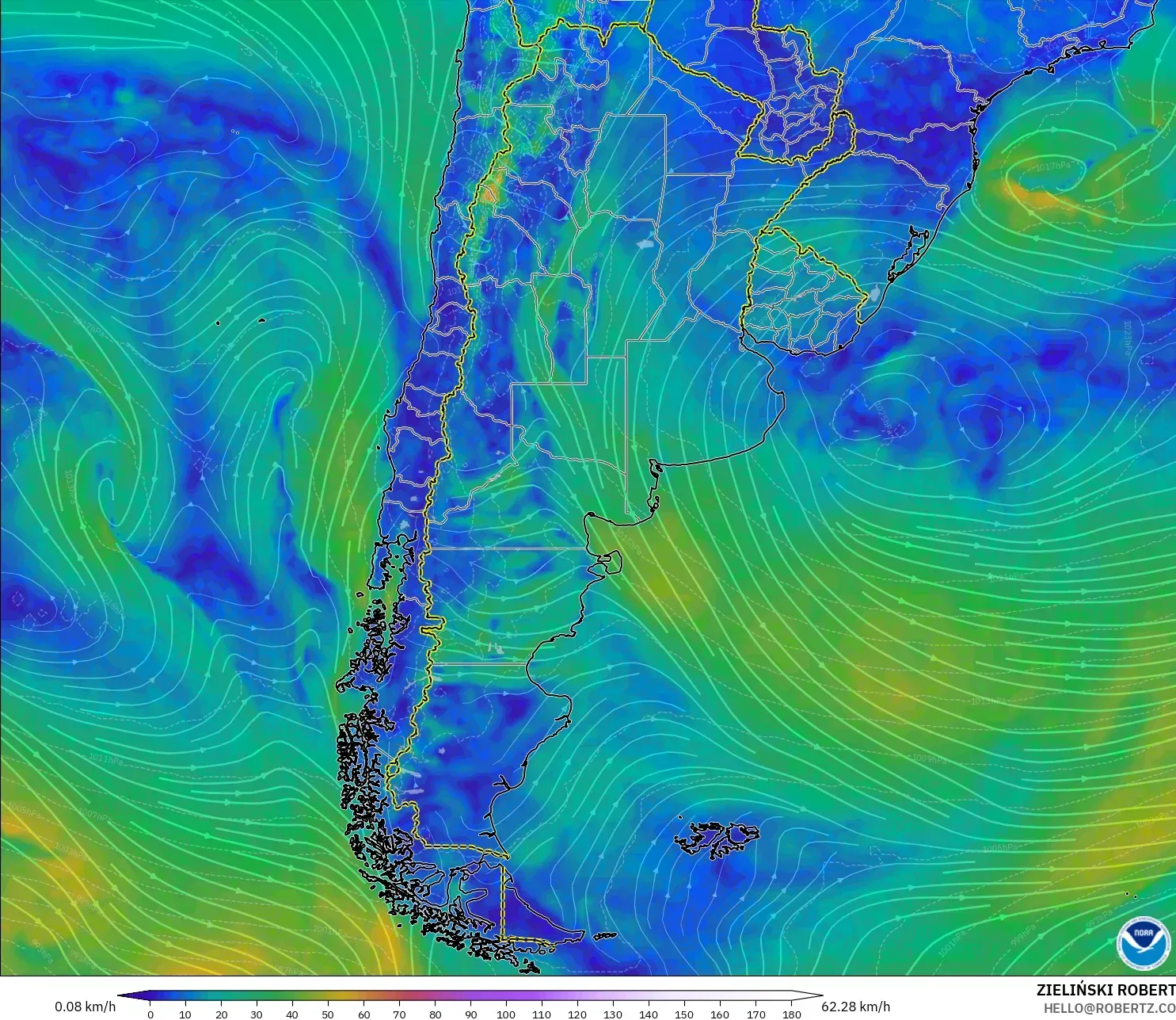 GFS modelo - Argentina, Viento a 10 m