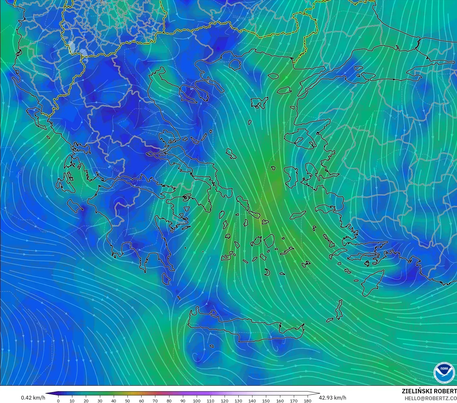 GFS modelo - Grecia, Viento a 10 m