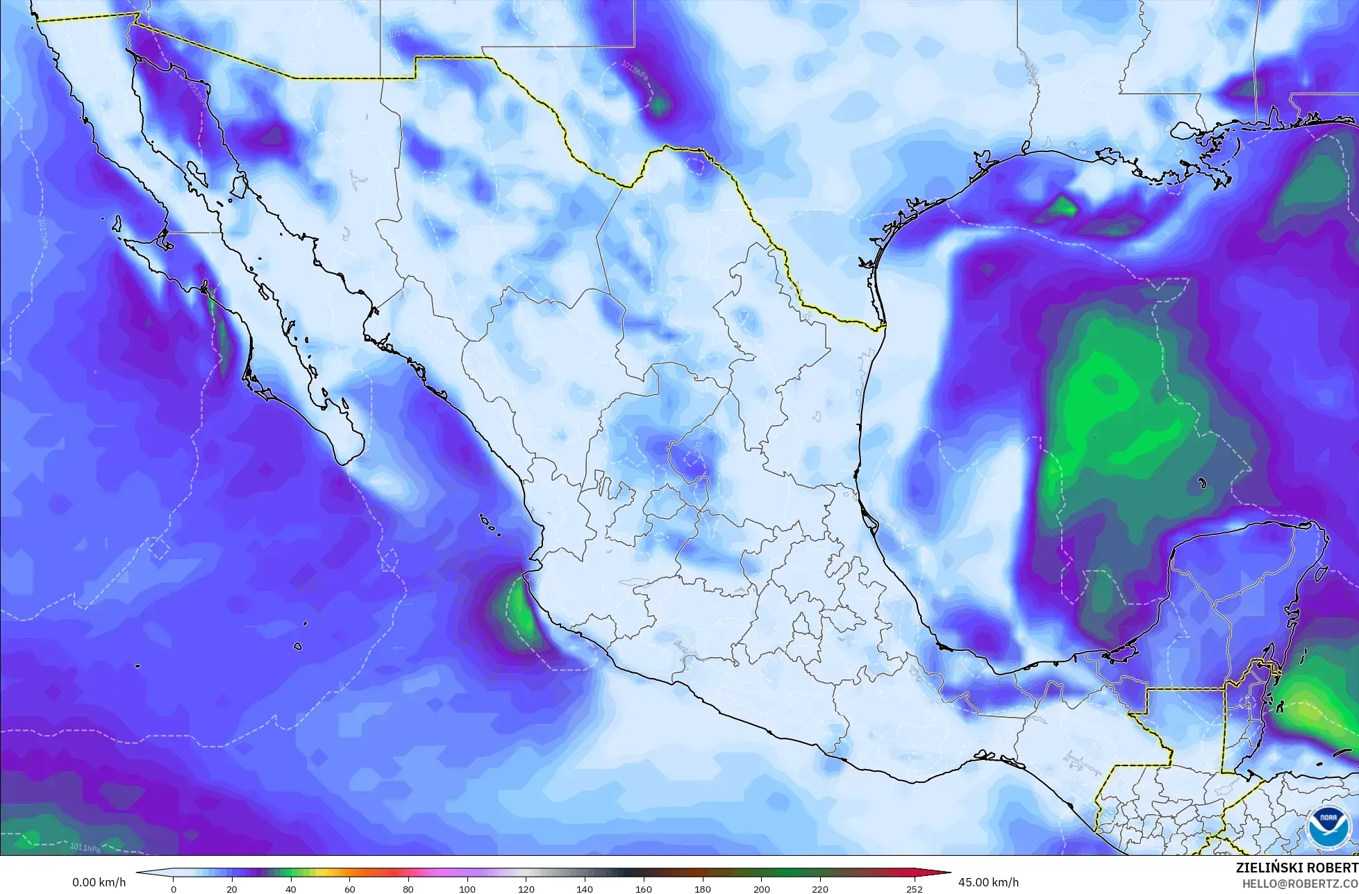 GFS modelo - México, Ráfagas de viento