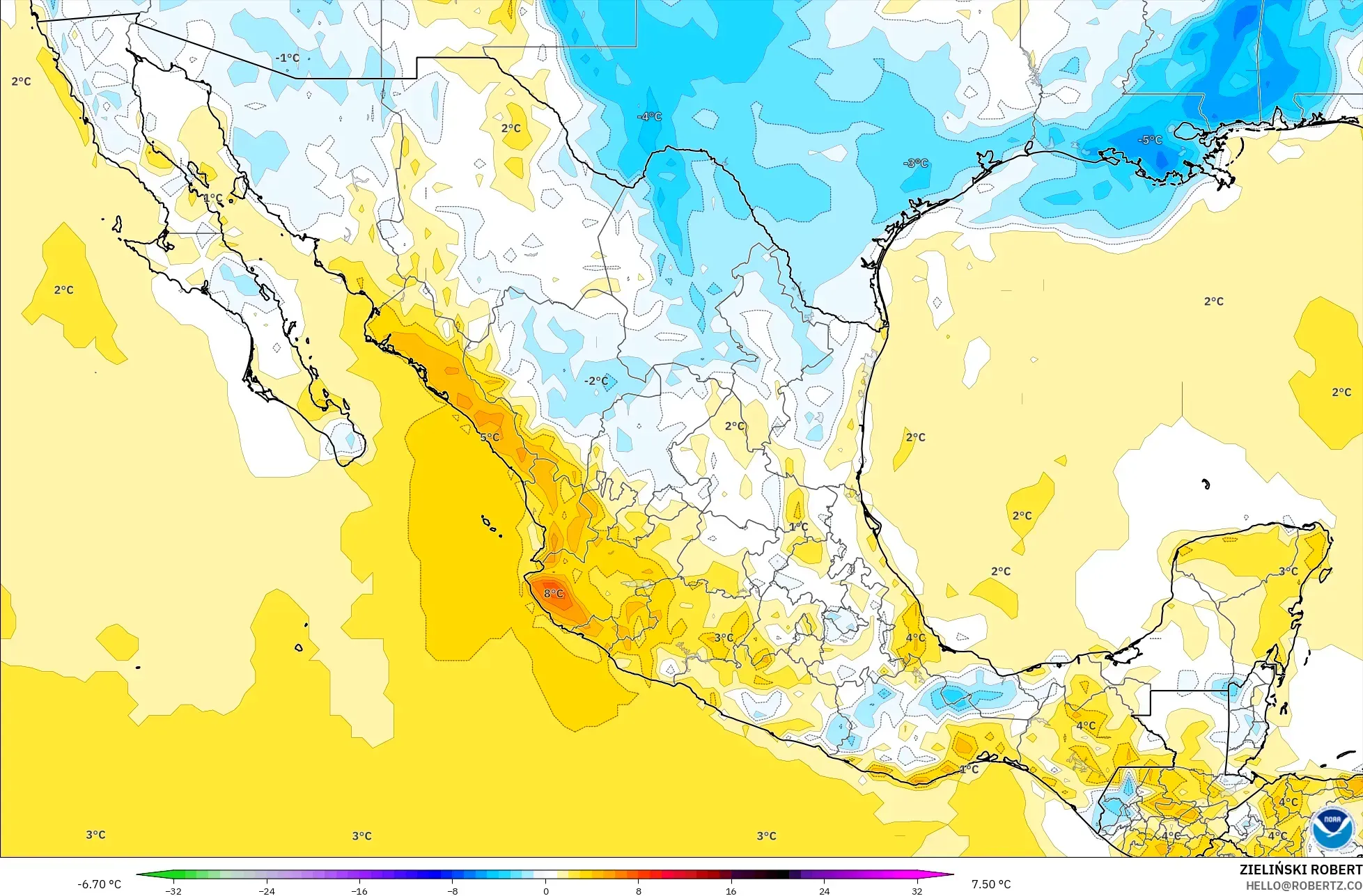GFS modelo - México, Anomalía de temperatura a 2 m