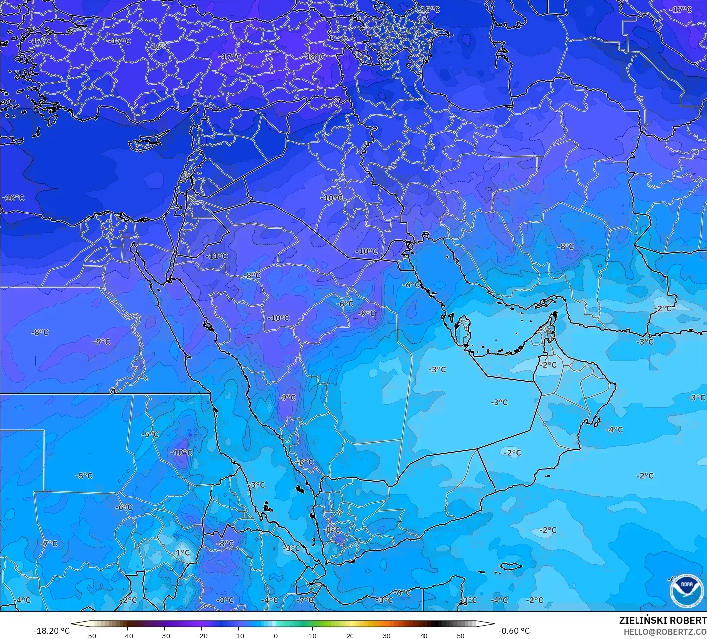 GFS modelo - Oriente Medio, Temperatura a 500 hPa