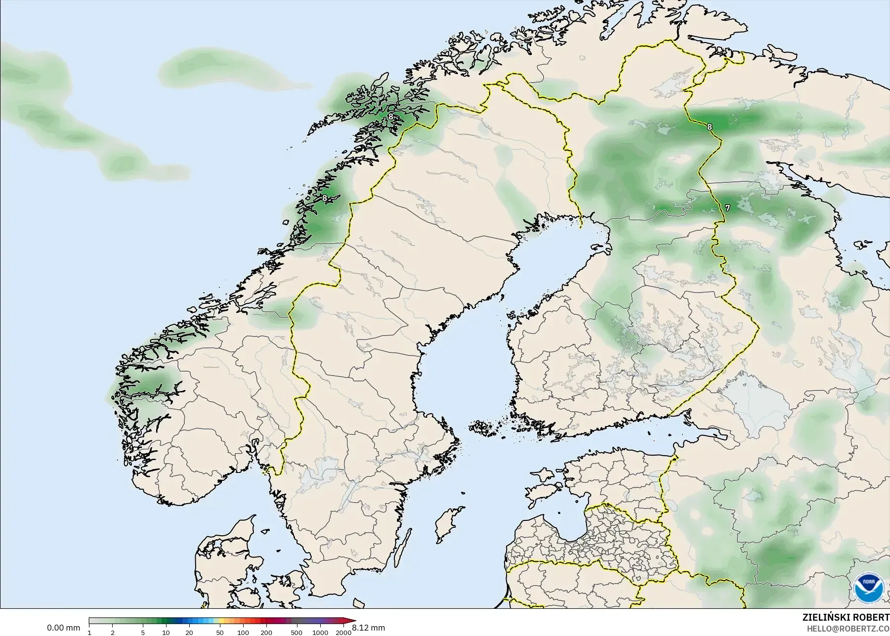GFS modelo - Escandinavia, Acumulación de precipitación