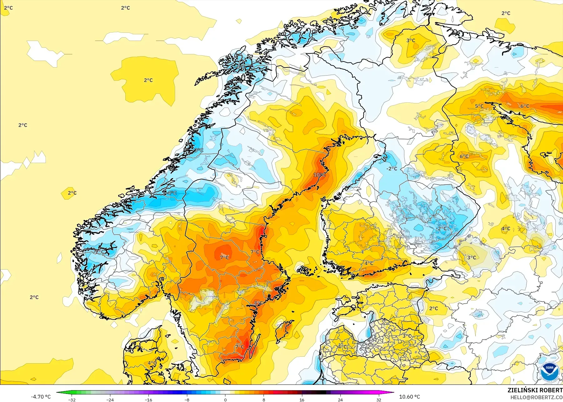 GFS modelo - Escandinavia, Anomalía de temperatura a 2 m