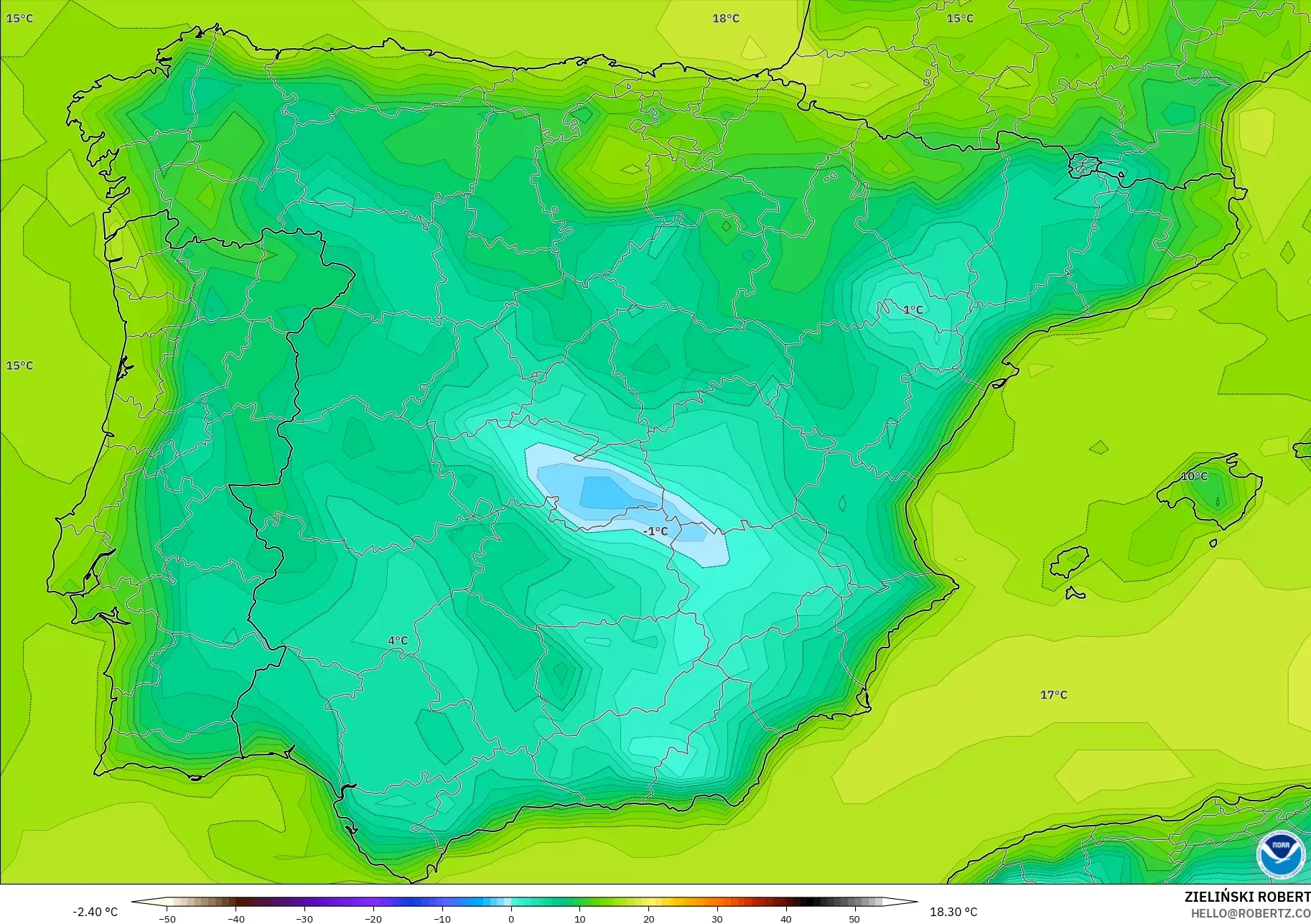 GFS modelo - España, Punto de rocío a 2 m