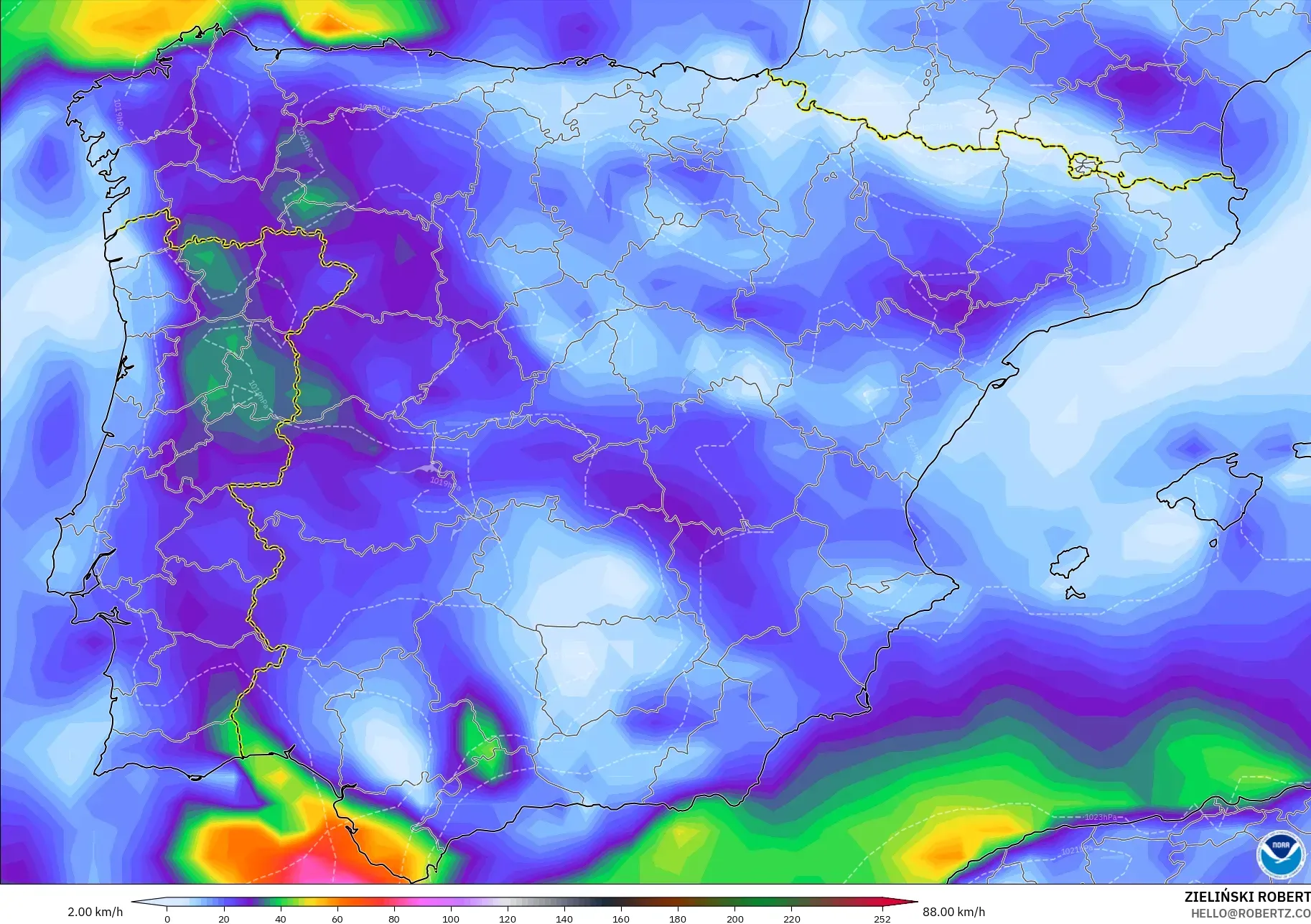 GFS modelo - España, Ráfagas de viento