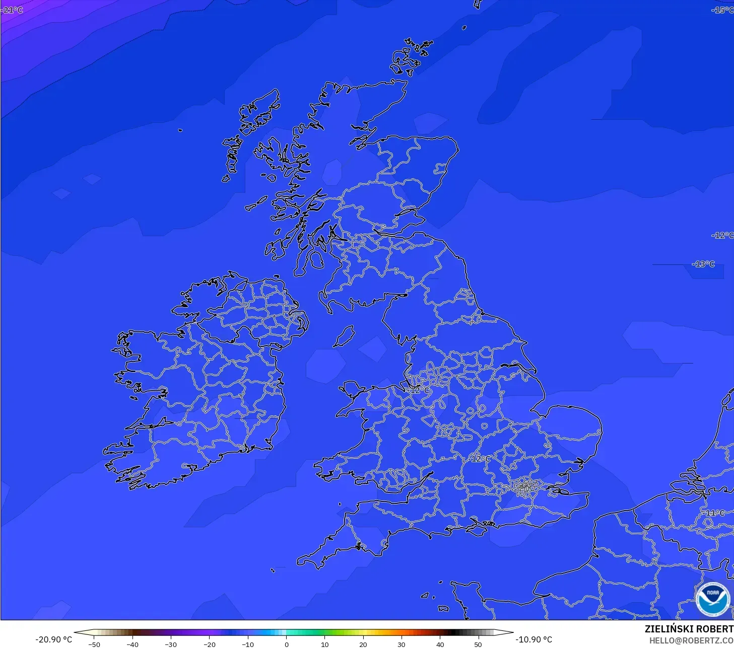 GFS modelo - Reino Unido, Temperatura a 500 hPa