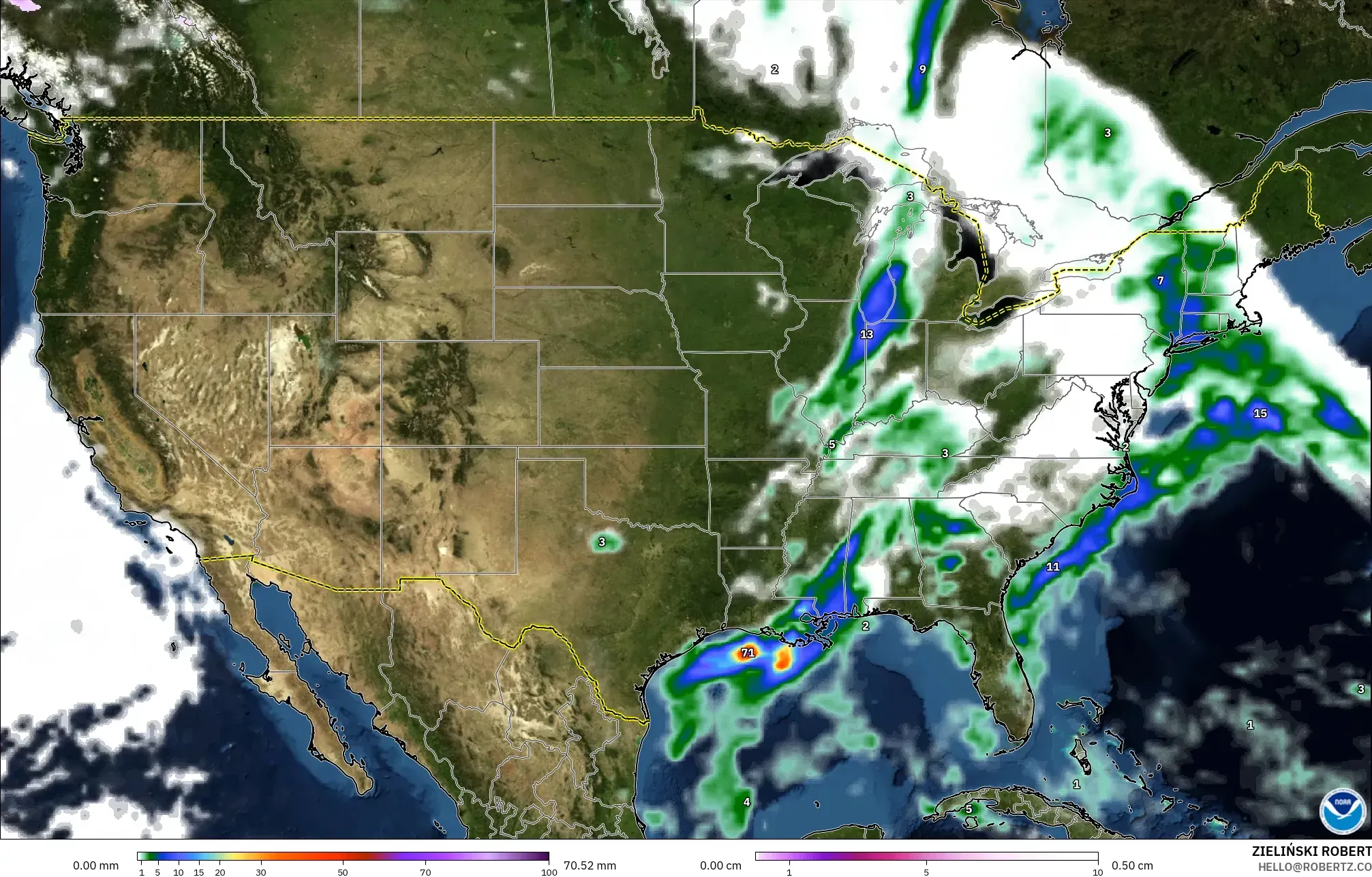 GFS modelo - Estados Unidos, Precipitación, nubes y presión
