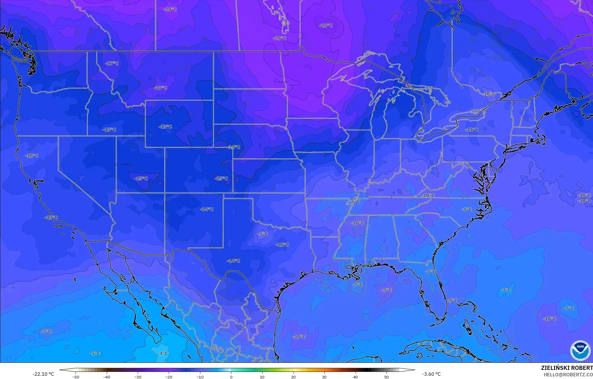 GFS modelo - Estados Unidos, Temperatura a 500 hPa