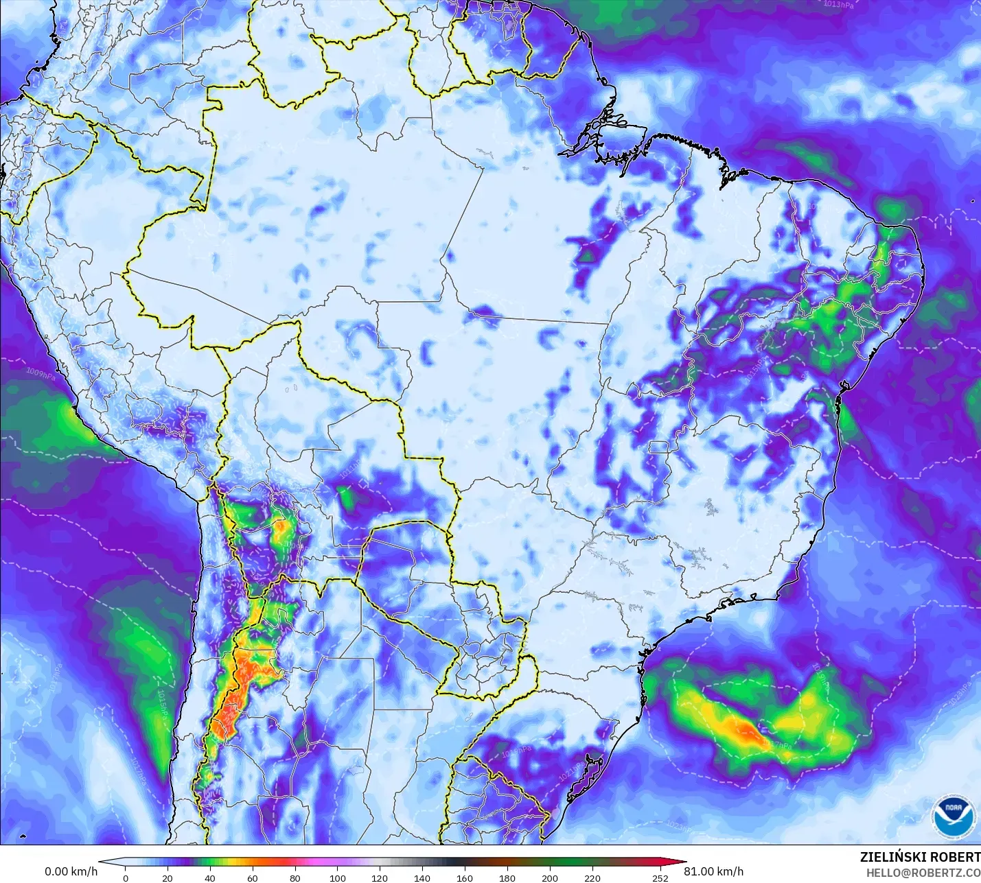 GFS modelo - Brasil, Ráfagas de viento