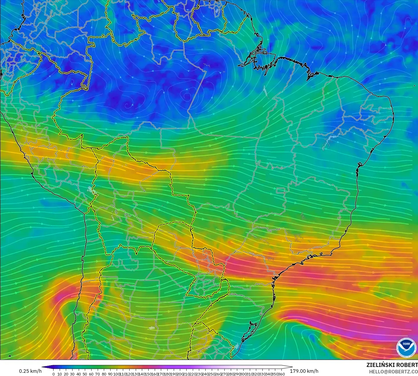 GFS modelo - Brasil, Viento a 300 hPa (corriente en chorro)