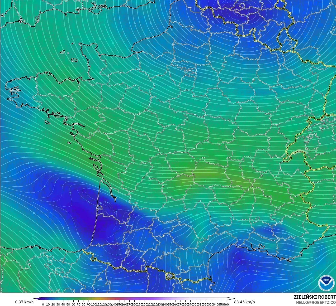 GFS modelo - Francia, Viento a 300 hPa (corriente en chorro)