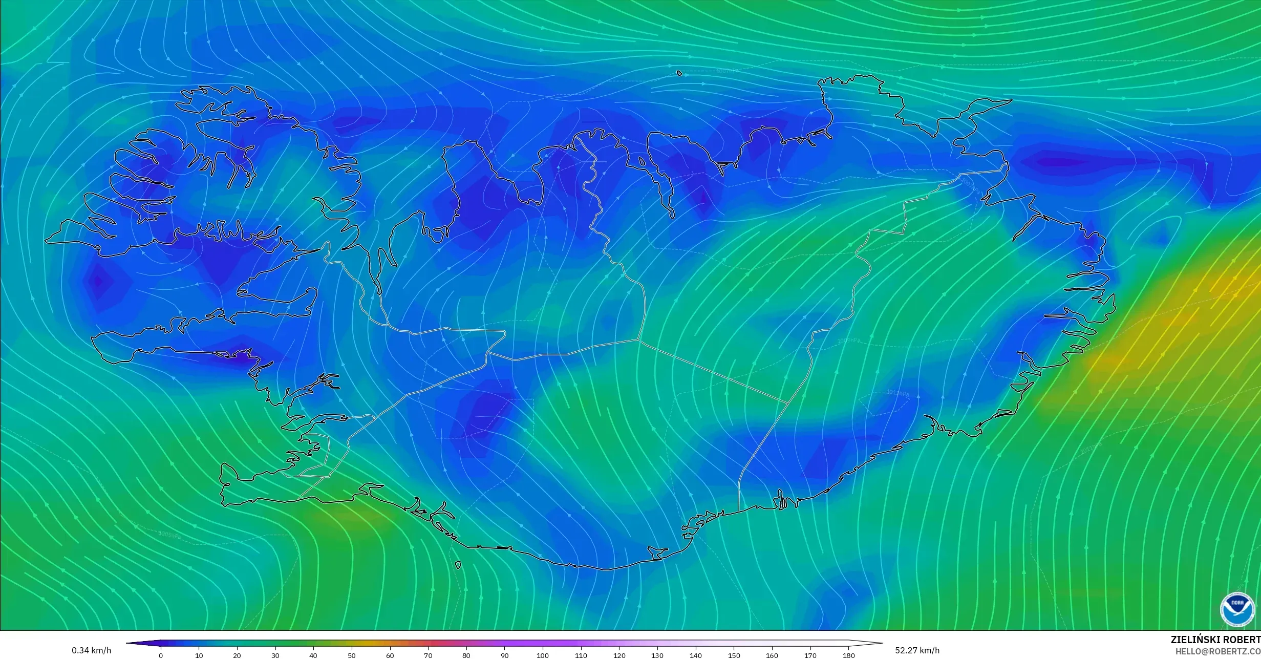 GFS modelo - Islandia, Viento a 10 m