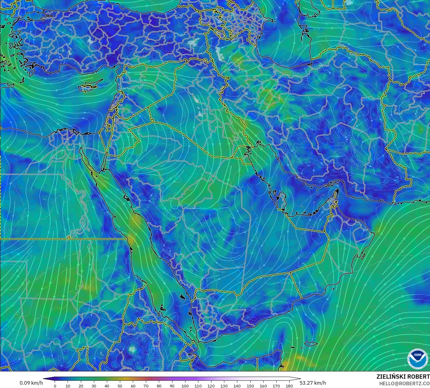GFS modelo - Oriente Medio, Viento a 10 m