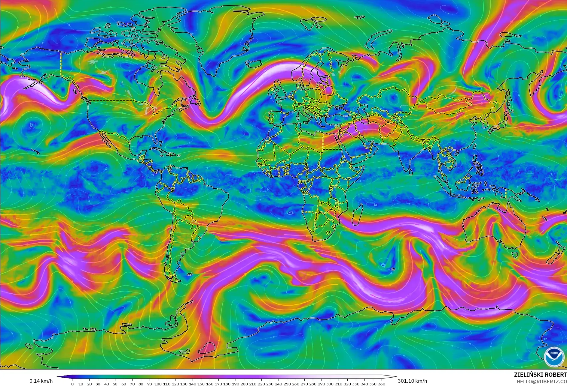 GFS modelo - Mundo, Viento a 300 hPa (corriente en chorro)