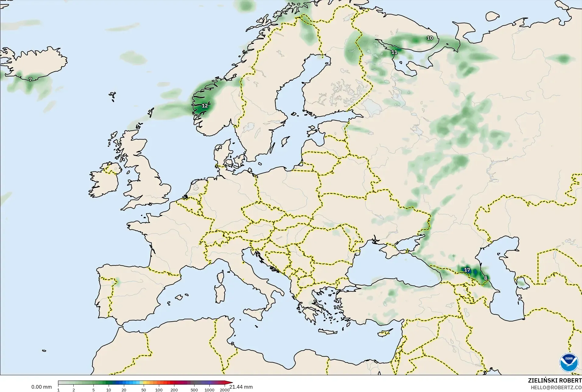 GFS modelo - Europa, Acumulación de precipitación