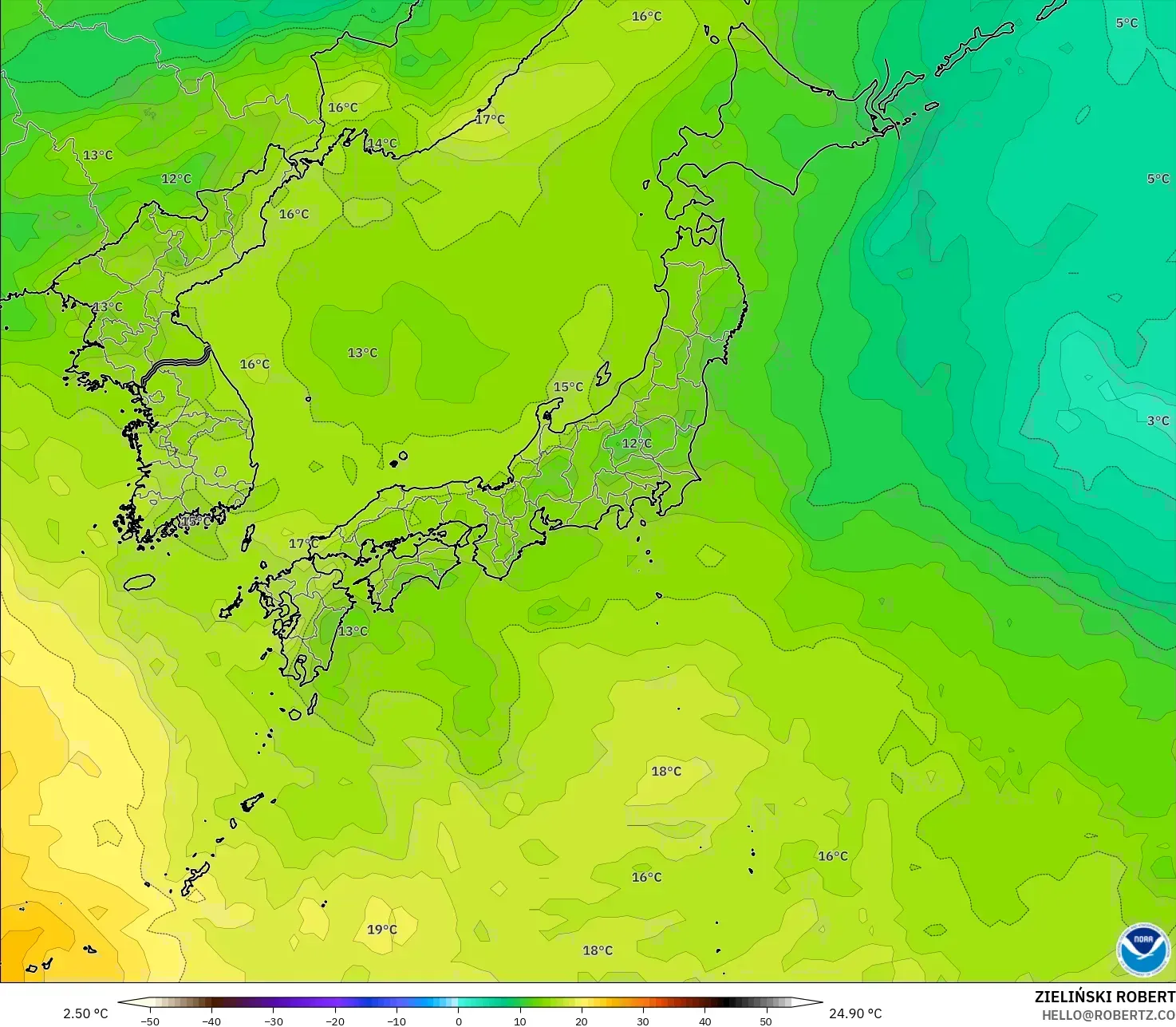 GFS modelo - Japón, Temperatura a 850 hPa