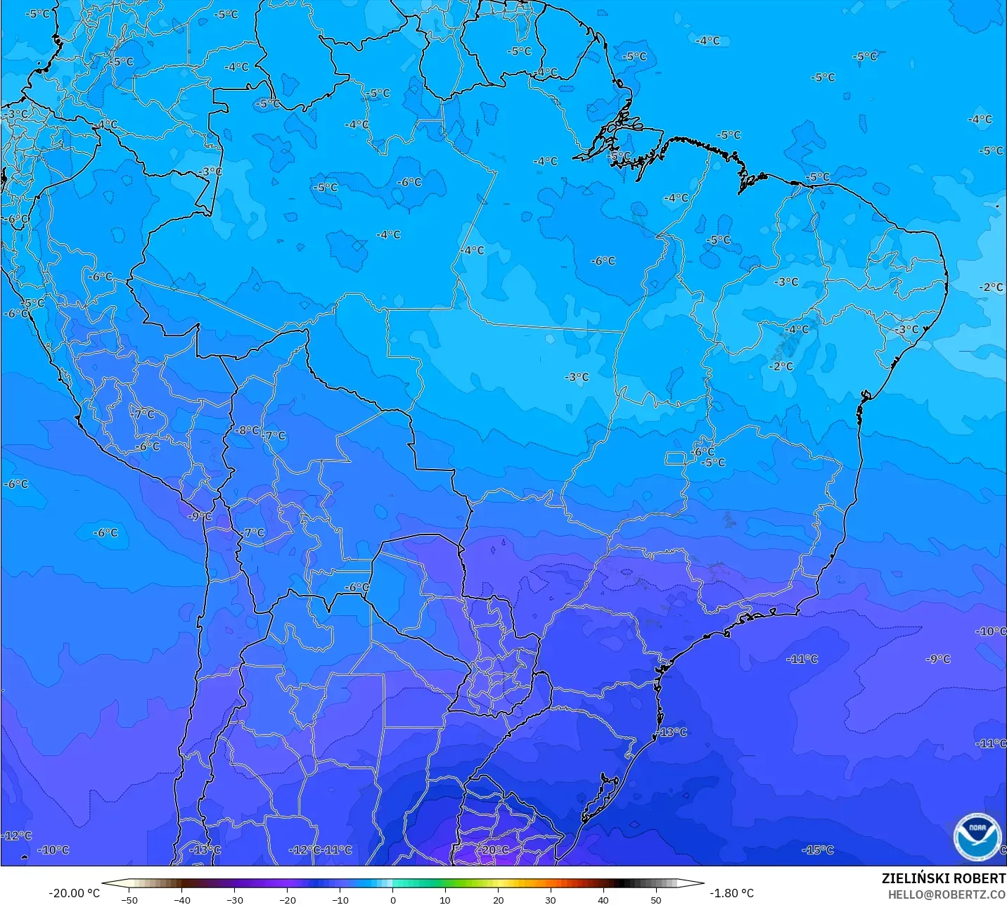 GFS modelo - Brasil, Temperatura a 500 hPa